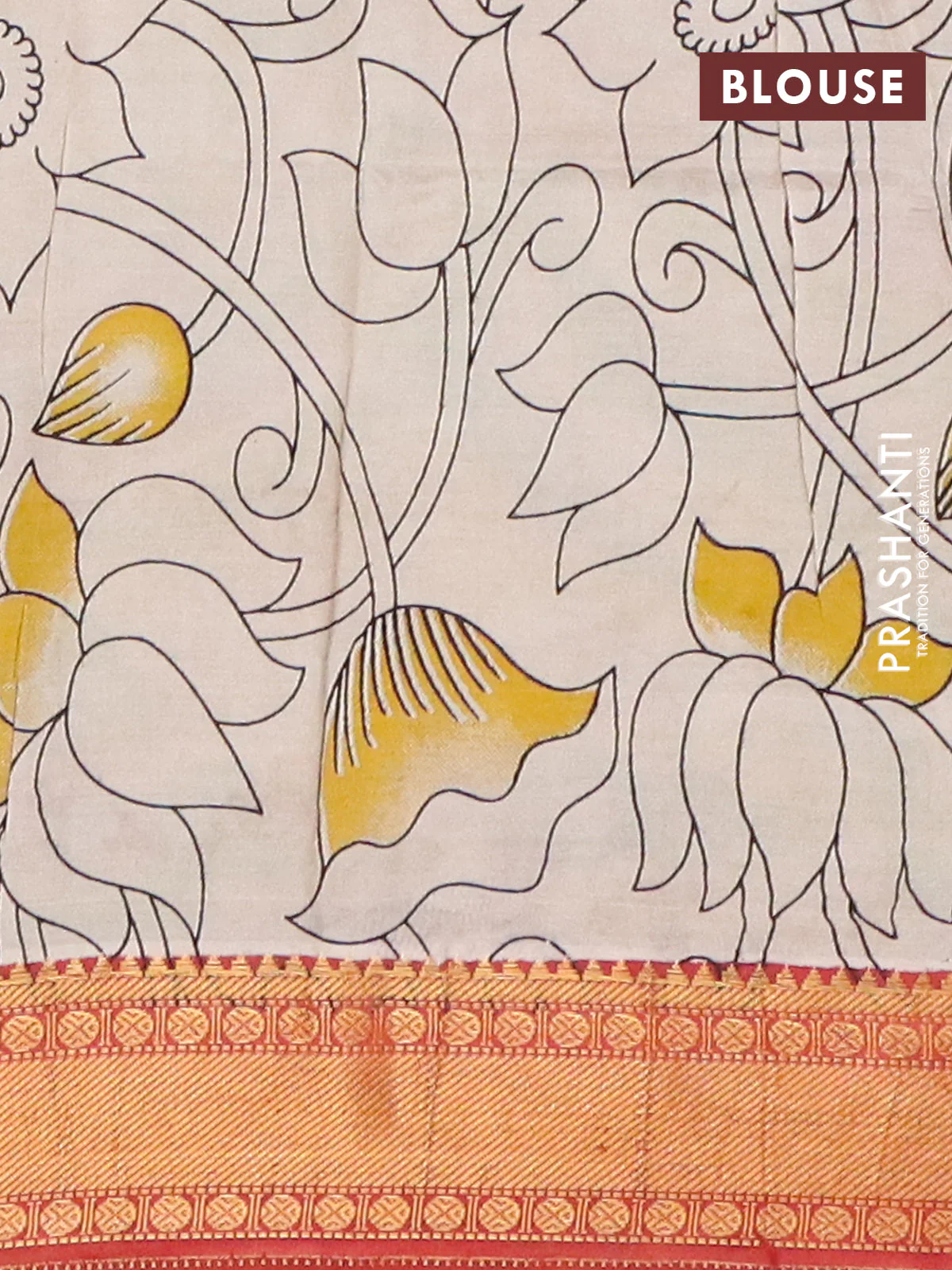 Kalamkari semi silk saree black and rust shade with allover prints and mangalgiri border - Image 4