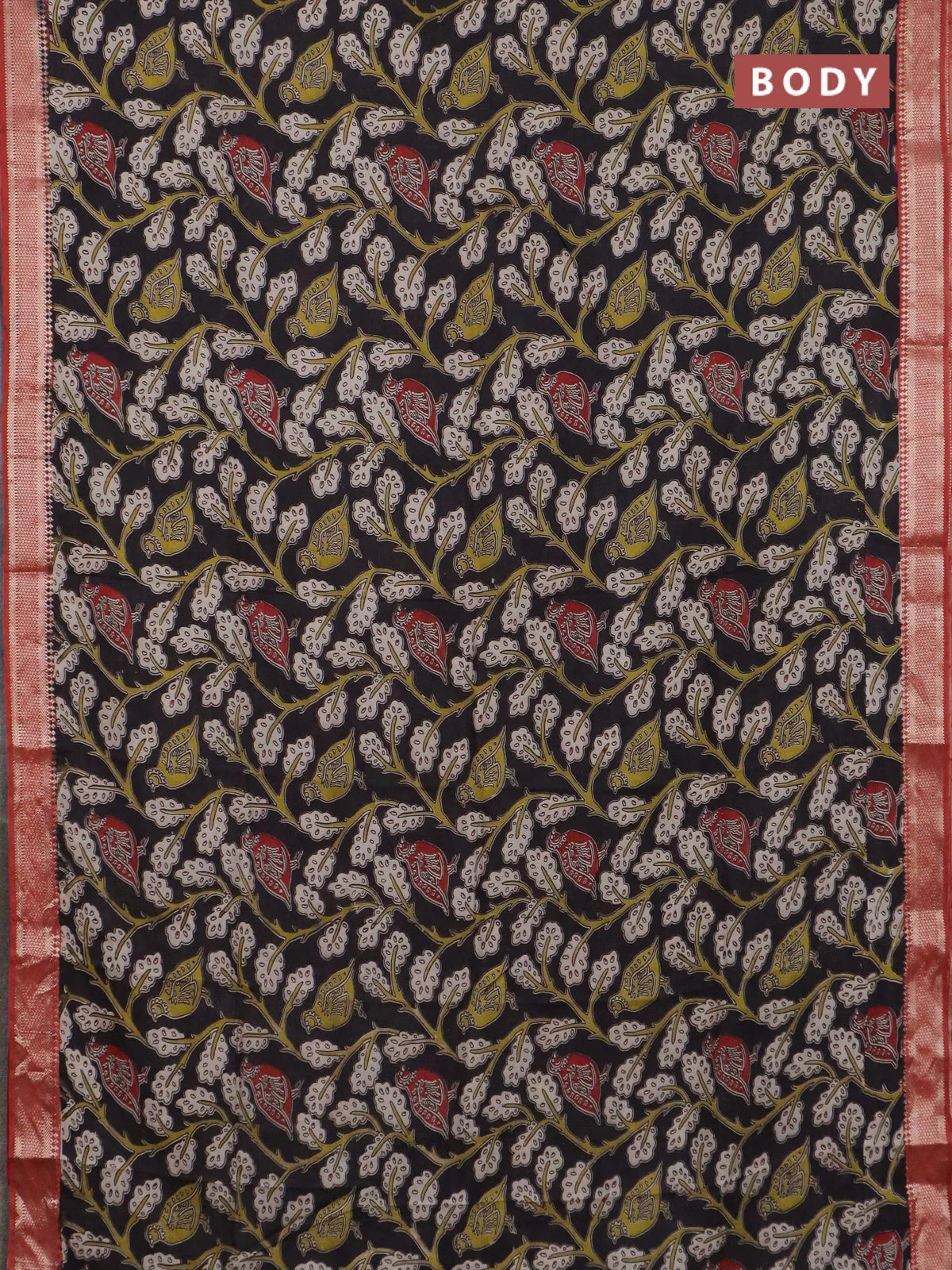 Kalamkari semi silk saree black and rust shade with allover prints and mangalgiri border - Image 2