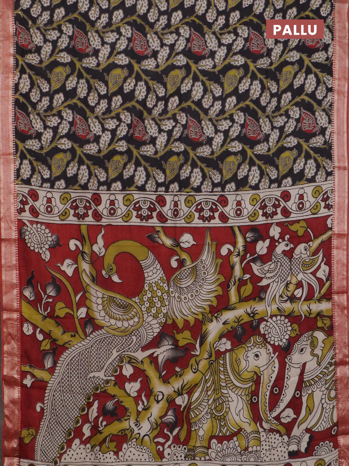 Kalamkari semi silk saree black and rust shade with allover prints and mangalgiri border - Image 3