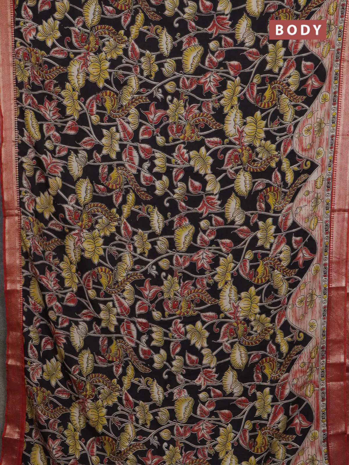 Kalamkari semi silk saree black and rust shade with allover prints and mangalgiri border - Image 2