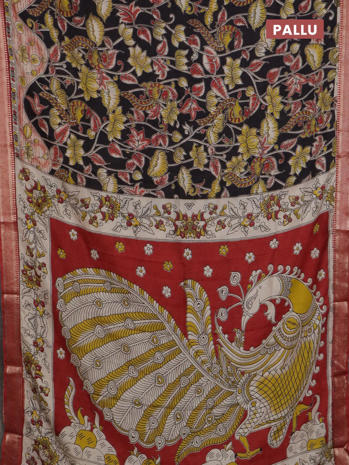 Kalamkari semi silk saree black and rust shade with allover prints and mangalgiri border - Image 3