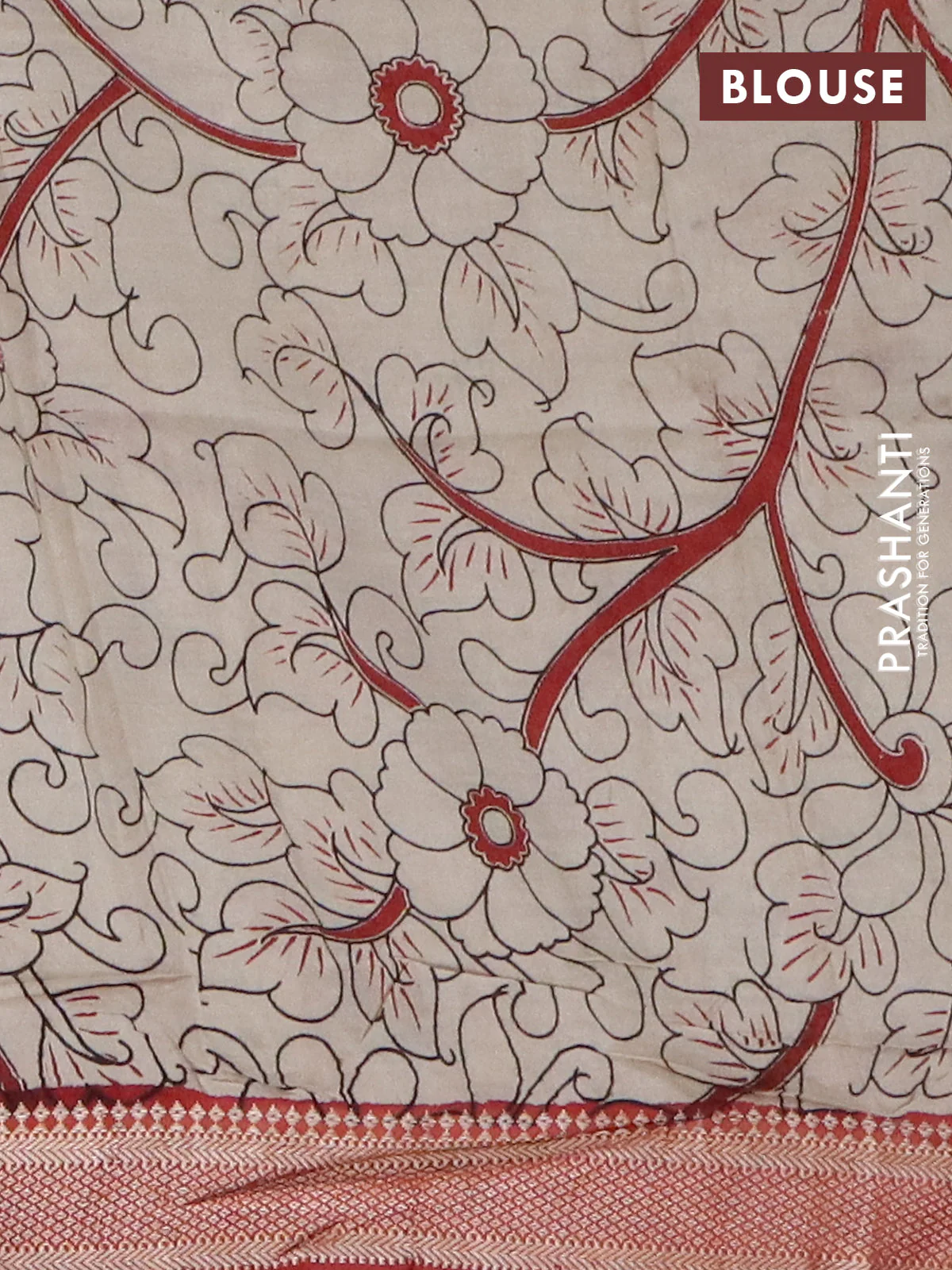 Kalamkari semi silk saree black and rust shade with allover prints and mangalgiri border - Image 4