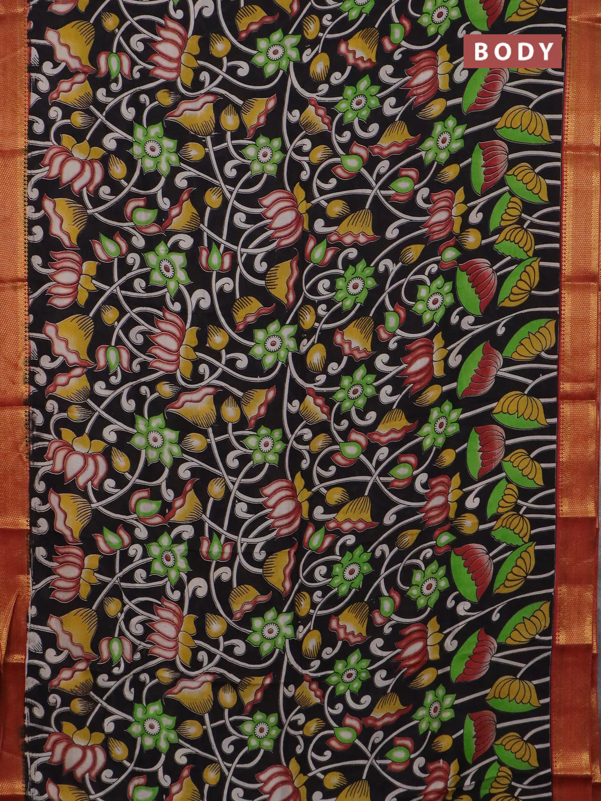 Kalamkari semi silk saree black and rust shade with allover prints and mangalgiri border - Image 2