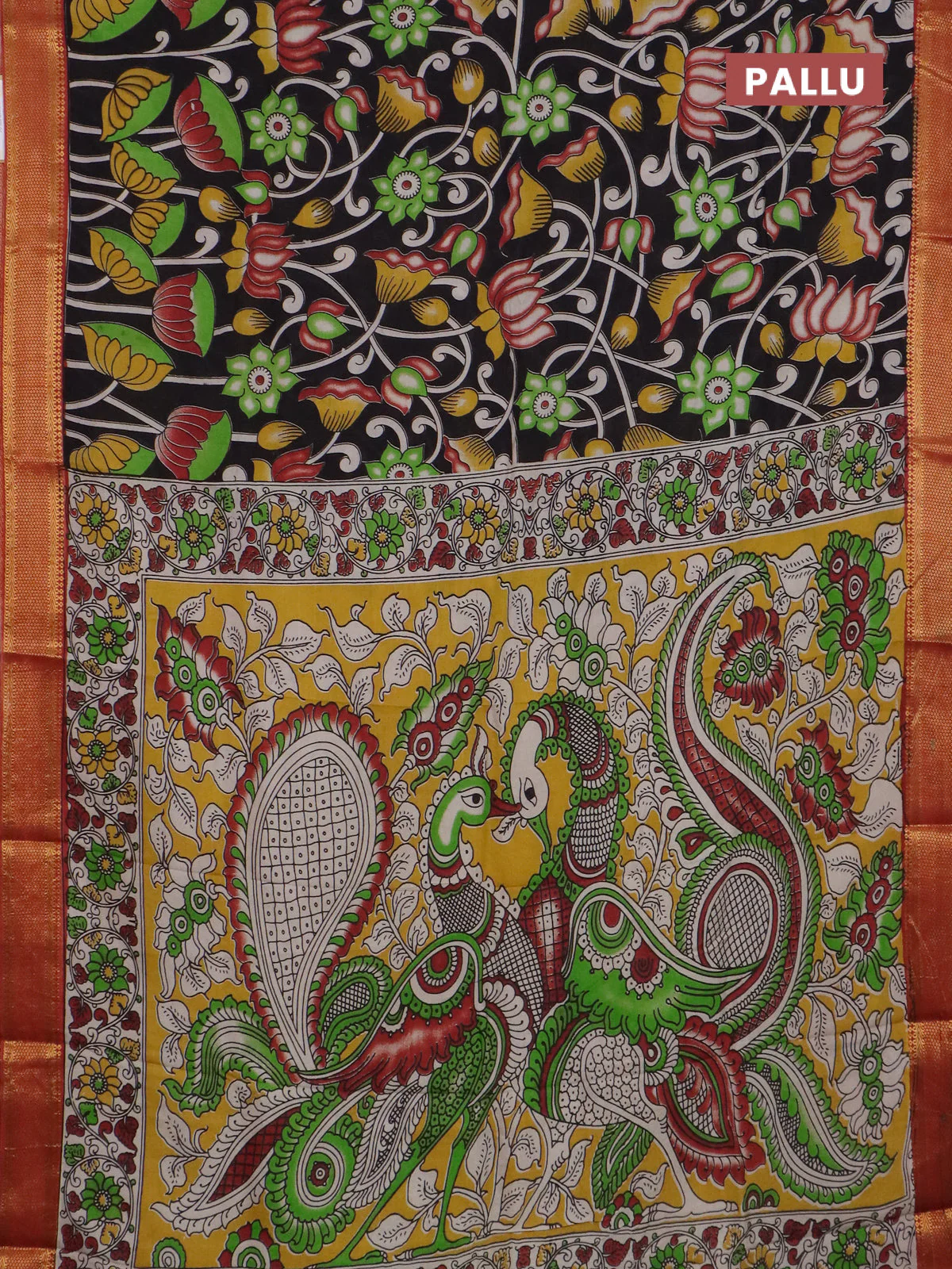Kalamkari semi silk saree black and rust shade with allover prints and mangalgiri border - Image 3