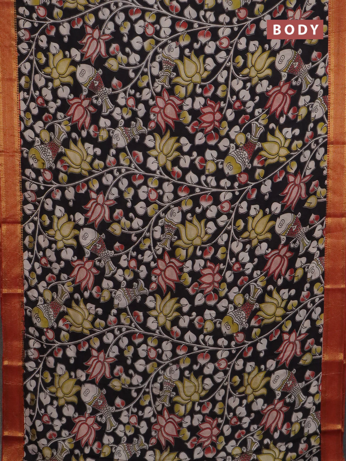 Kalamkari semi silk saree black and rust shade with allover prints and mangalgiri border - Image 2