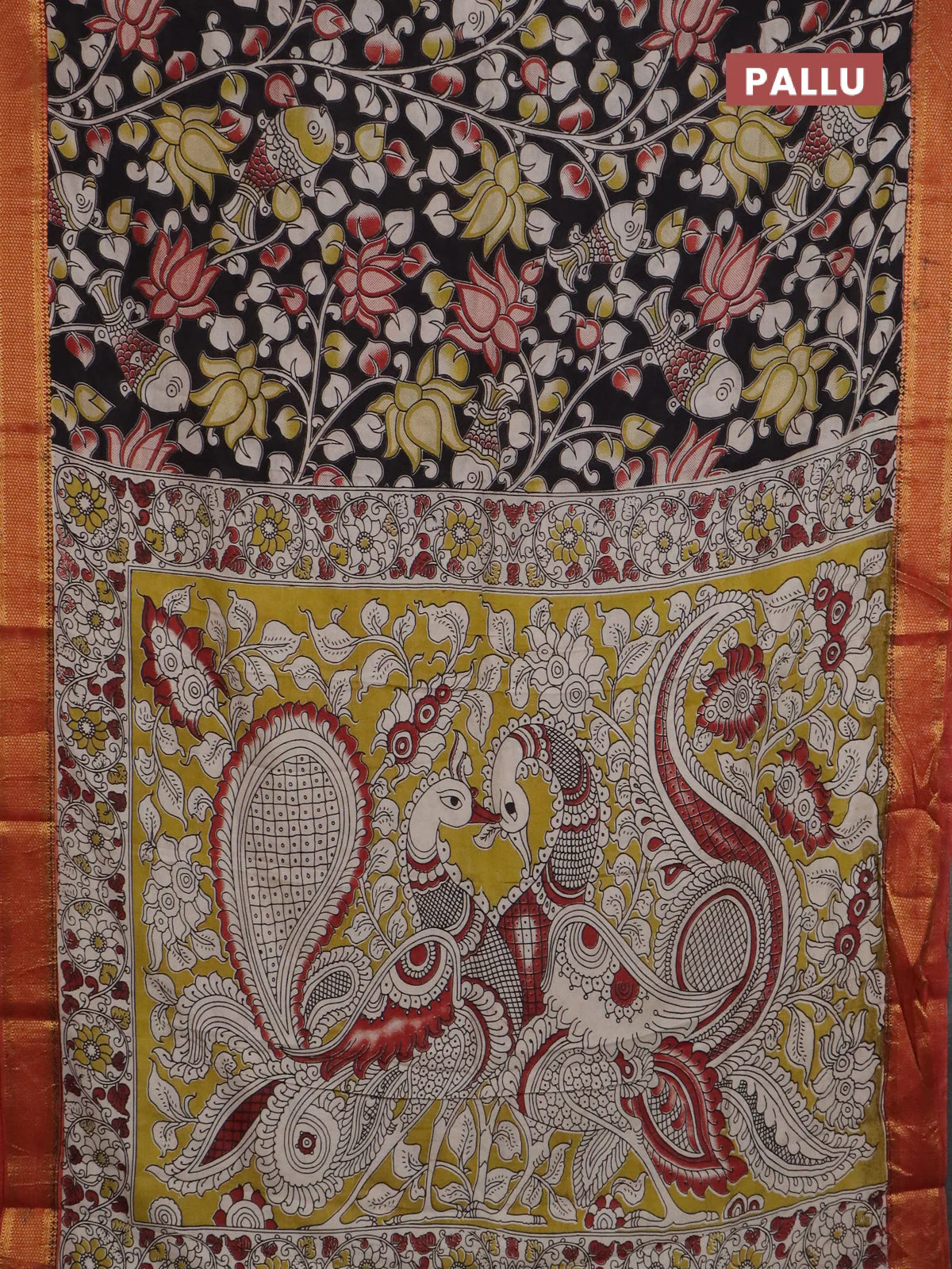 Kalamkari semi silk saree black and rust shade with allover prints and mangalgiri border - Image 3