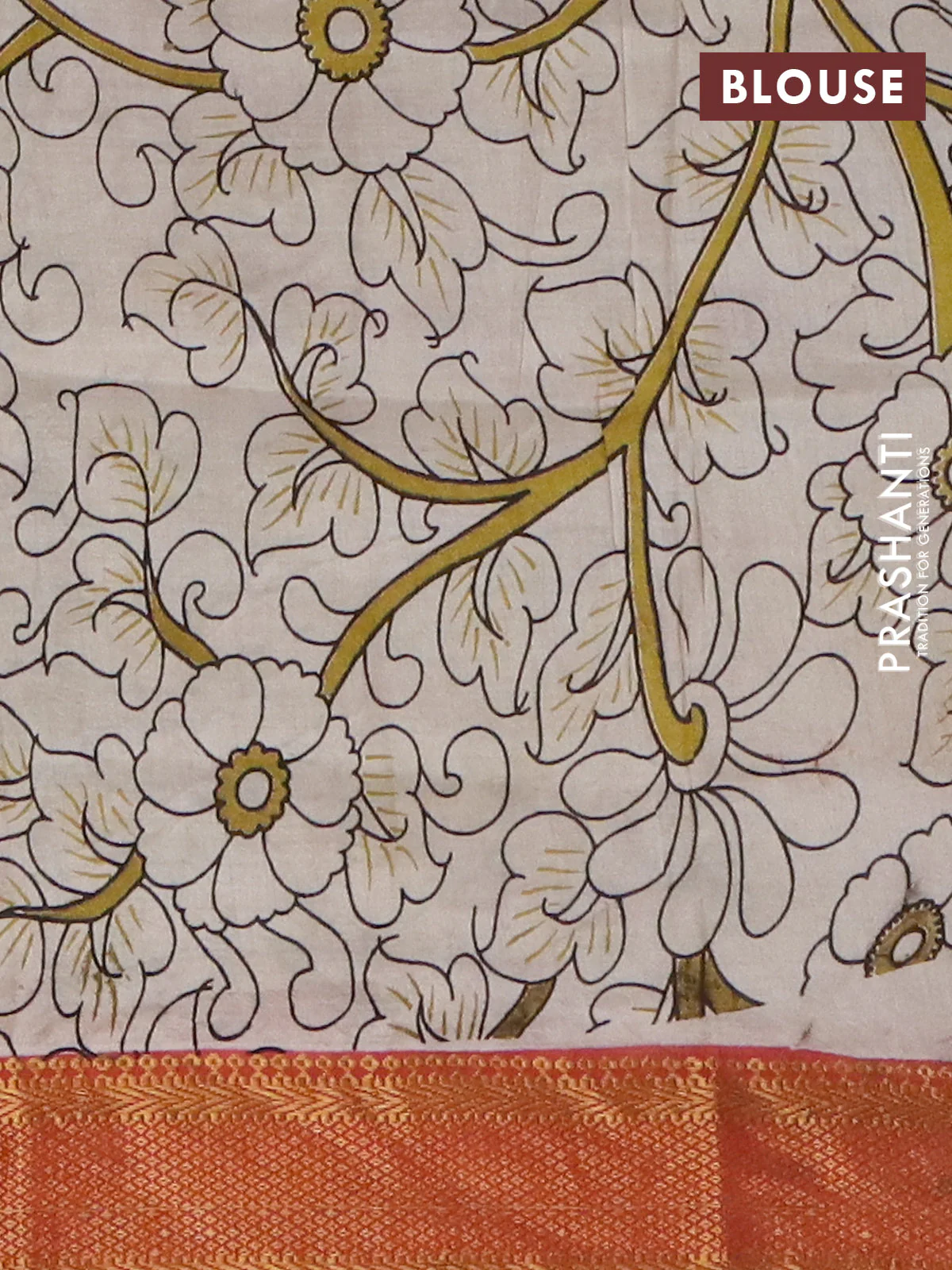 Kalamkari semi silk saree black and rust shade with allover prints and mangalgiri border - Image 4