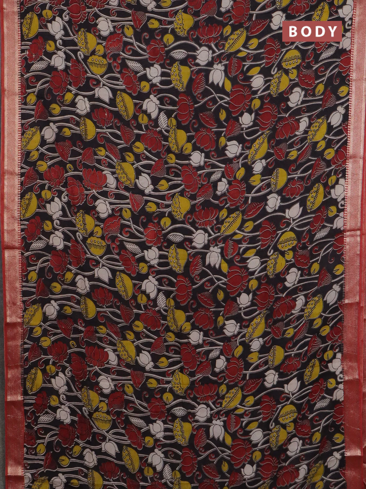 Kalamkari semi silk saree black and rust shade with allover prints and mangalgiri border - Image 2