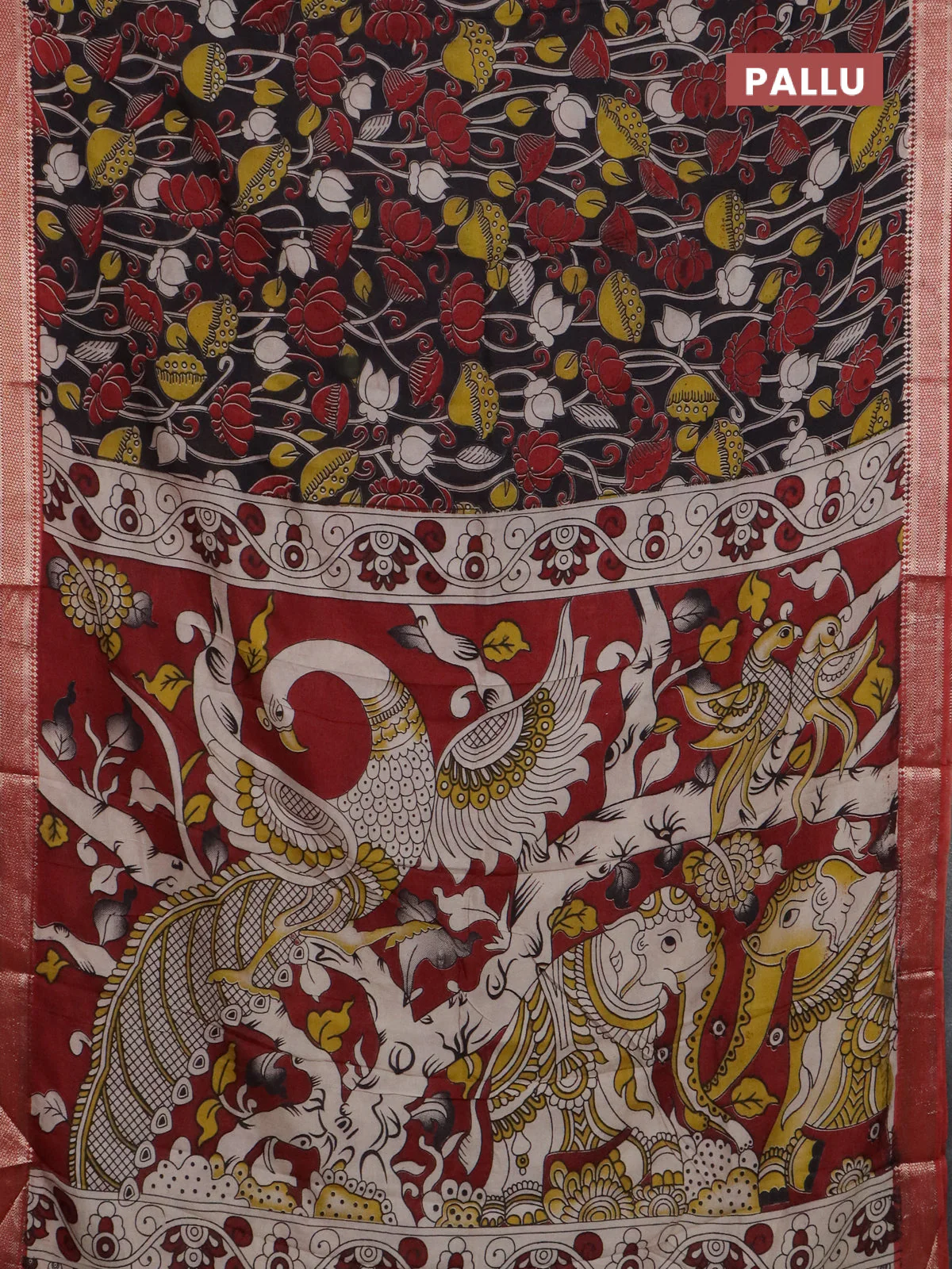 Kalamkari semi silk saree black and rust shade with allover prints and mangalgiri border - Image 3