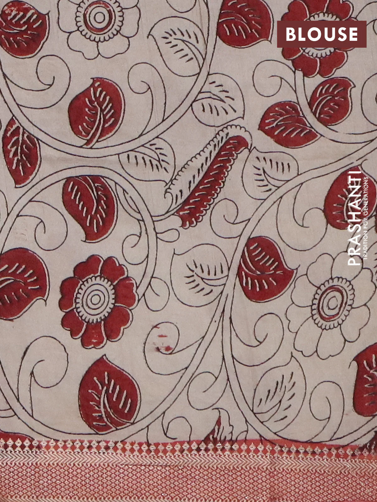 Kalamkari semi silk saree black and rust shade with allover prints and mangalgiri border - Image 4