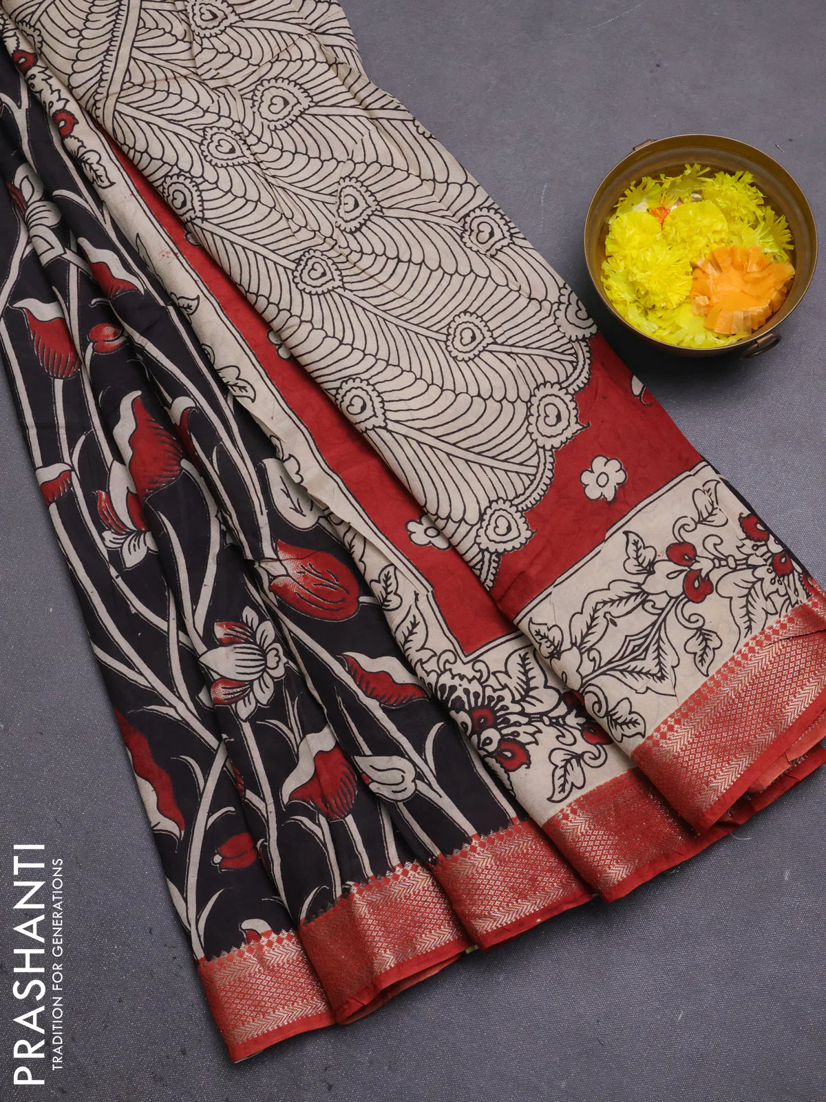 Kalamkari semi silk saree black and rustic maroon with allover prints and mangalgiri border