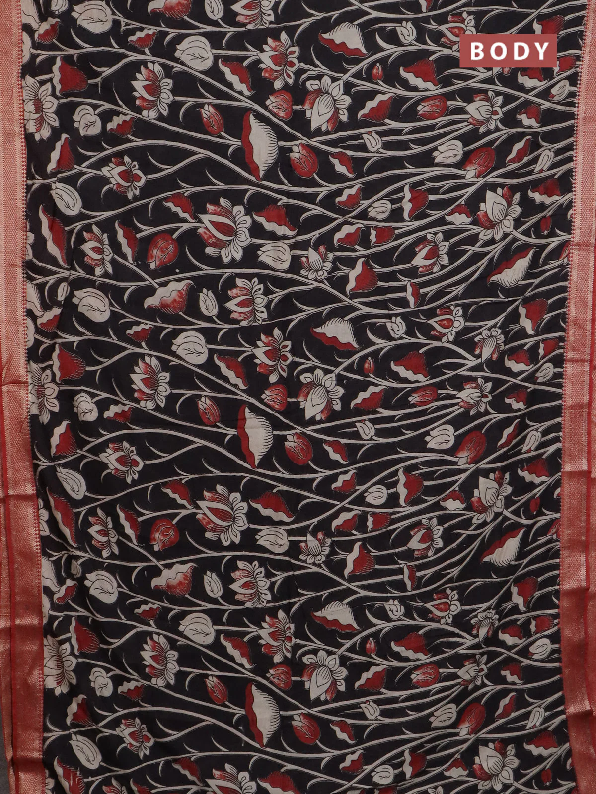 Kalamkari semi silk saree black and rustic maroon with allover prints and mangalgiri border - Image 2