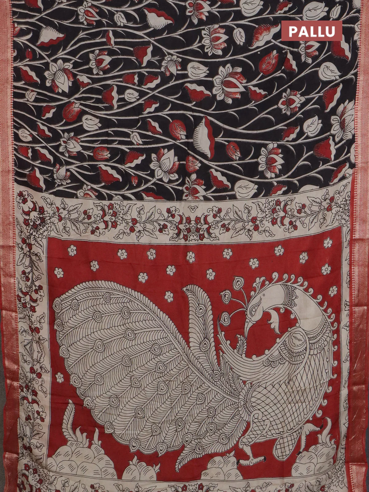 Kalamkari semi silk saree black and rustic maroon with allover prints and mangalgiri border - Image 3