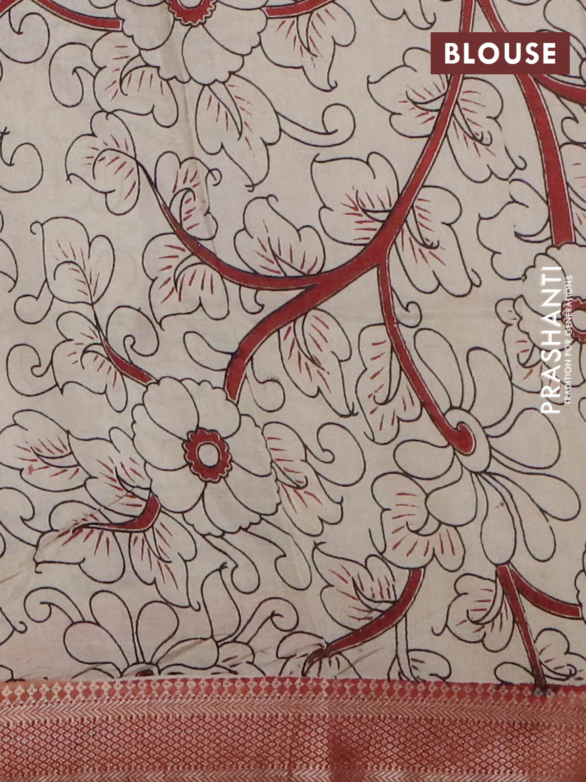 Kalamkari semi silk saree black and rustic maroon with allover prints and mangalgiri border - Image 4