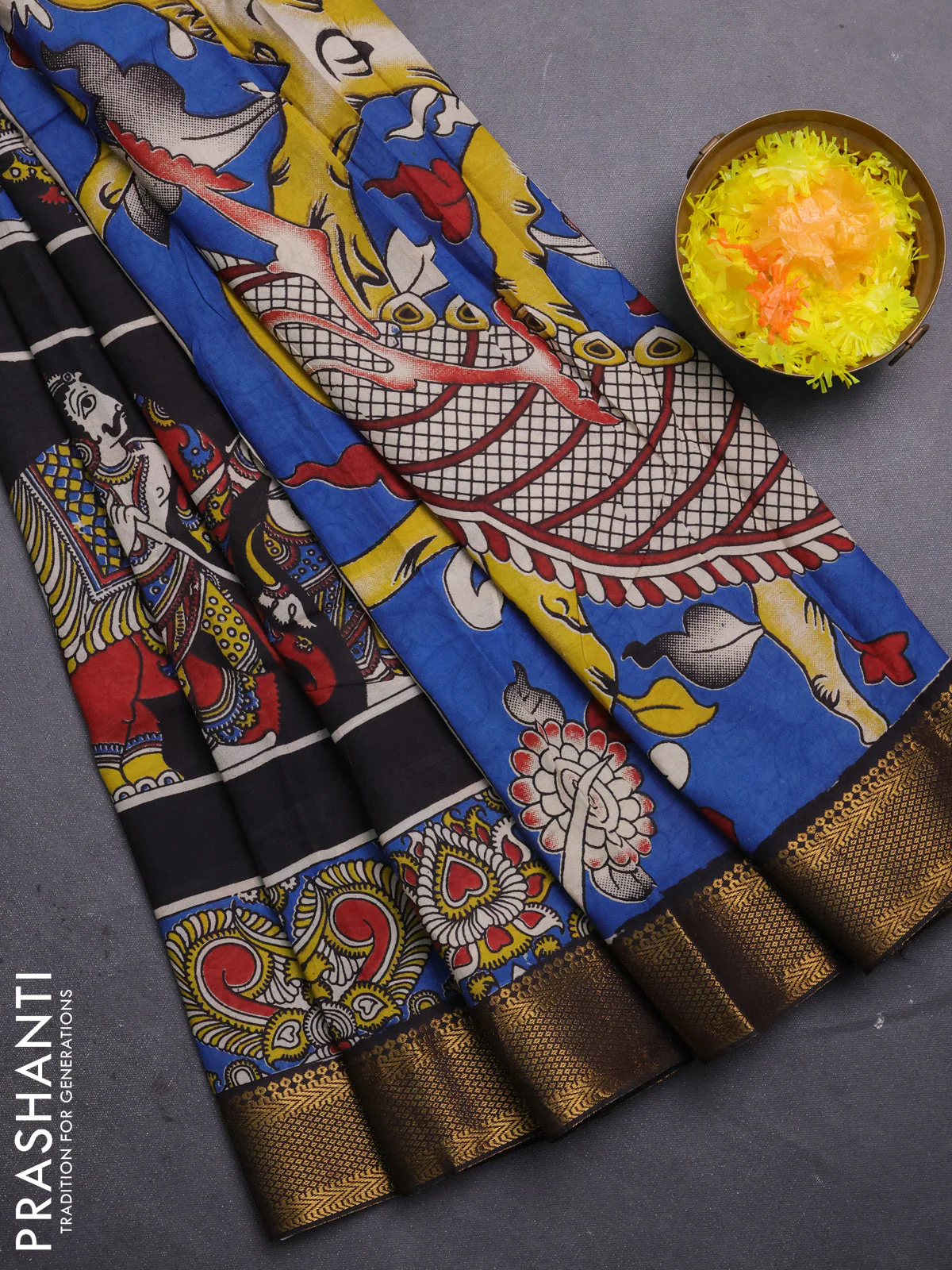 Kalamkari semi silk saree black with allover prints and mangalgiri border