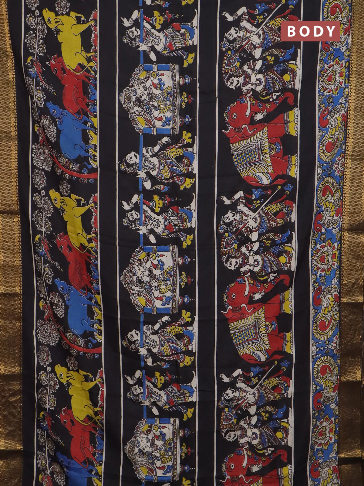 Kalamkari semi silk saree black with allover prints and mangalgiri border - Image 2