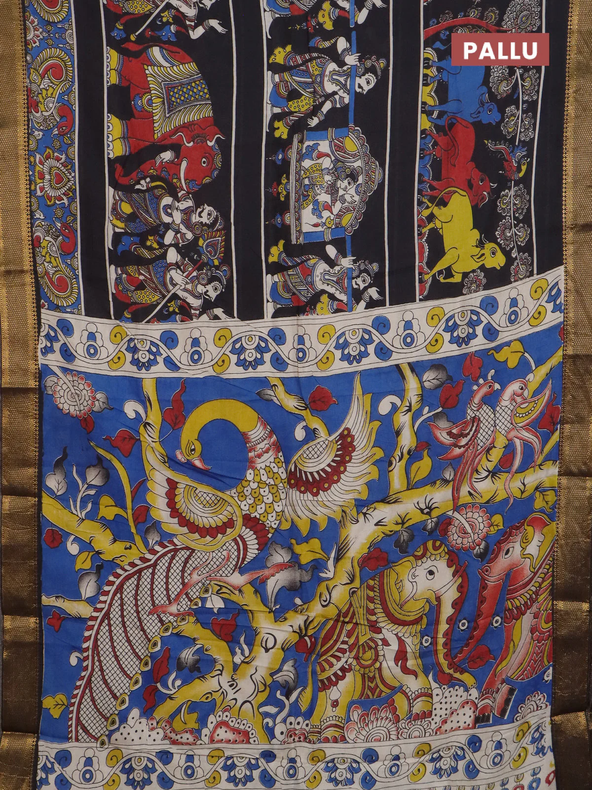 Kalamkari semi silk saree black with allover prints and mangalgiri border - Image 3