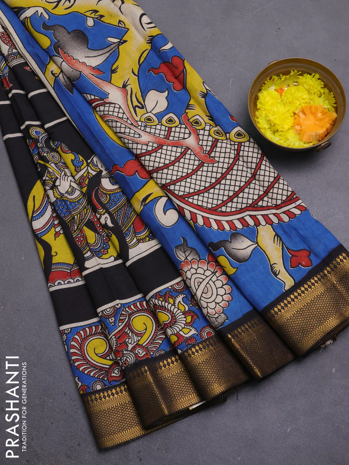 Kalamkari semi silk saree black with allover prints and mangalgiri border