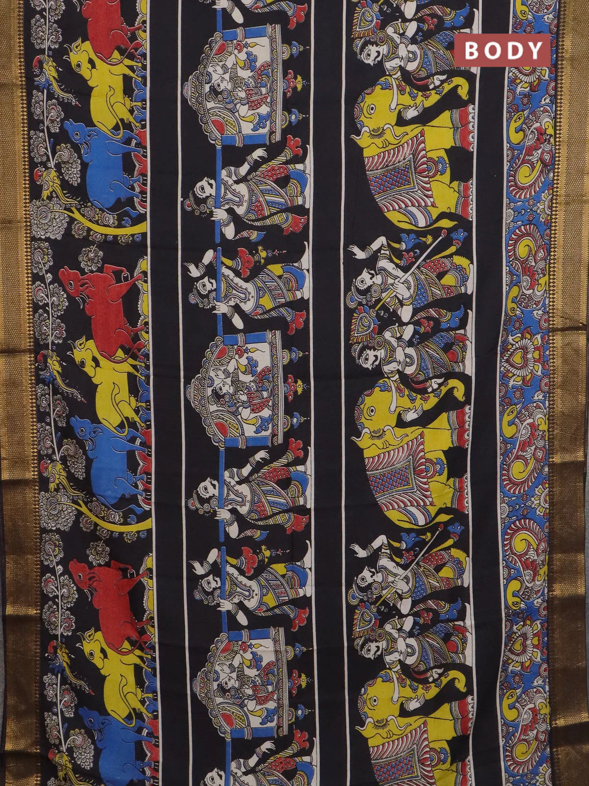 Kalamkari semi silk saree black with allover prints and mangalgiri border - Image 2