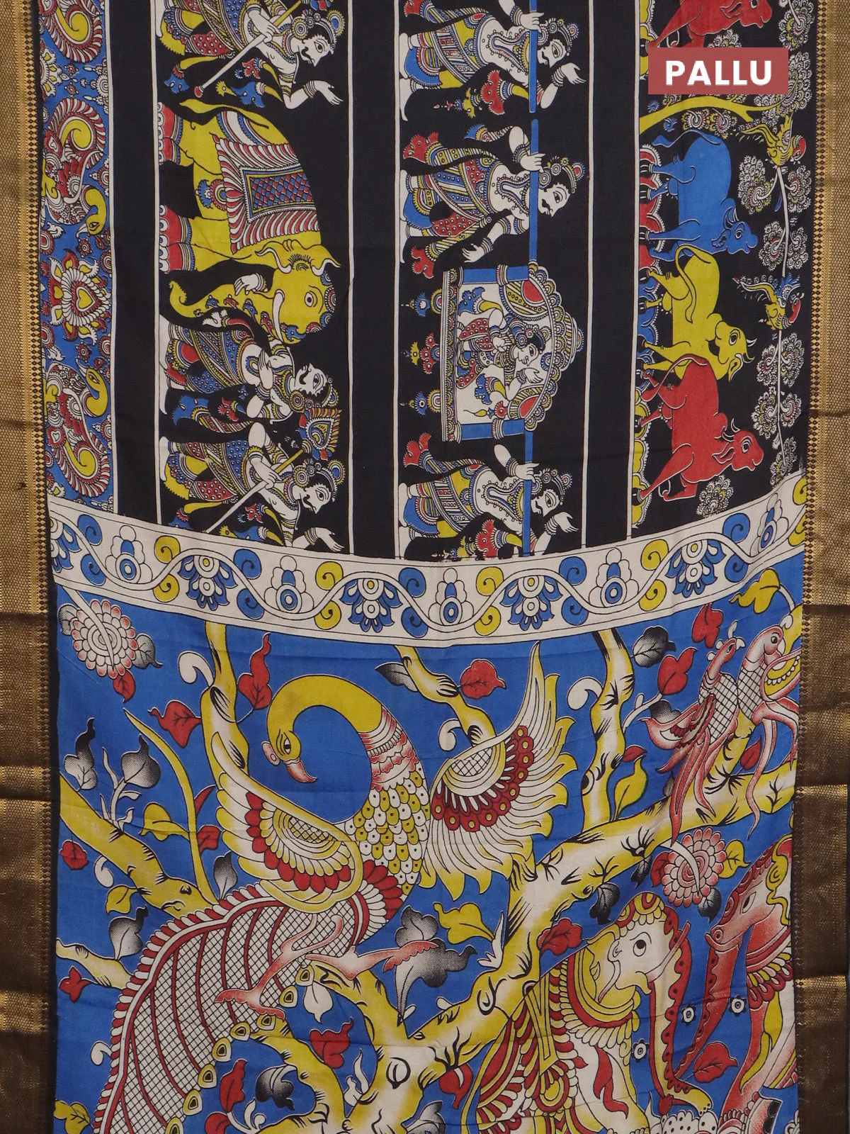 Kalamkari semi silk saree black with allover prints and mangalgiri border - Image 3