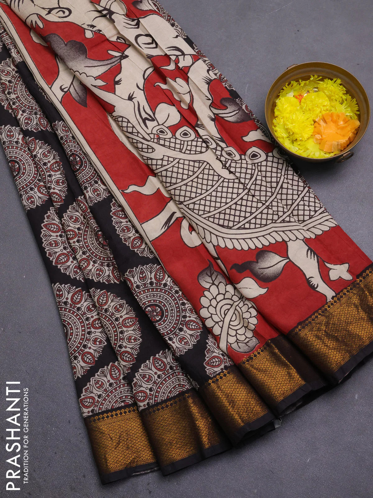 Kalamkari semi silk saree black with allover prints and mangalgiri border