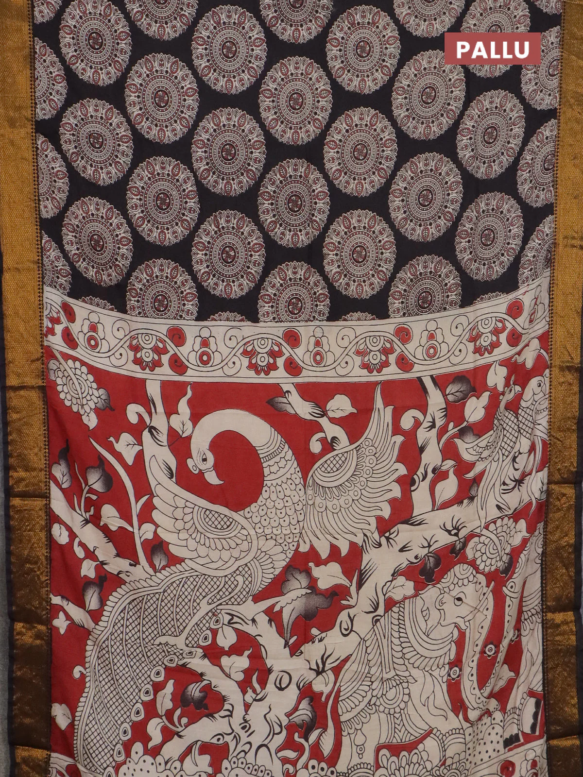 Kalamkari semi silk saree black with allover prints and mangalgiri border - Image 3