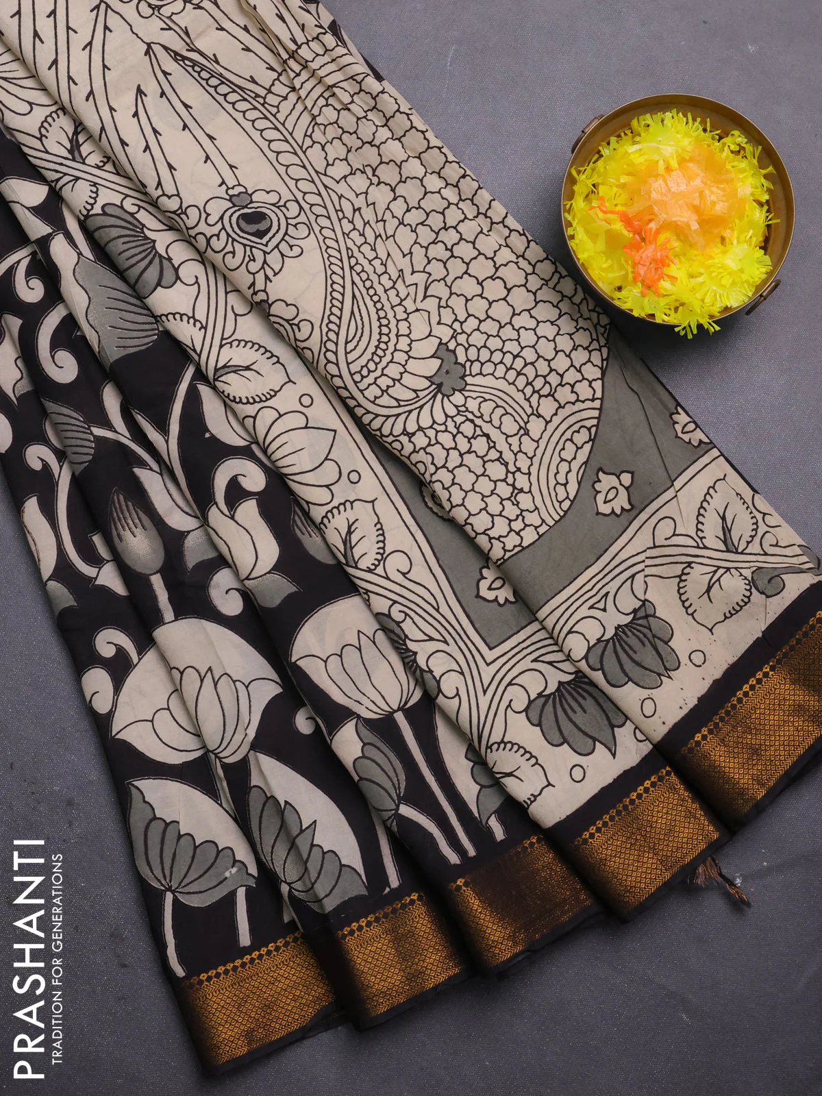 Kalamkari semi silk saree black with allover prints and mangalgiri border