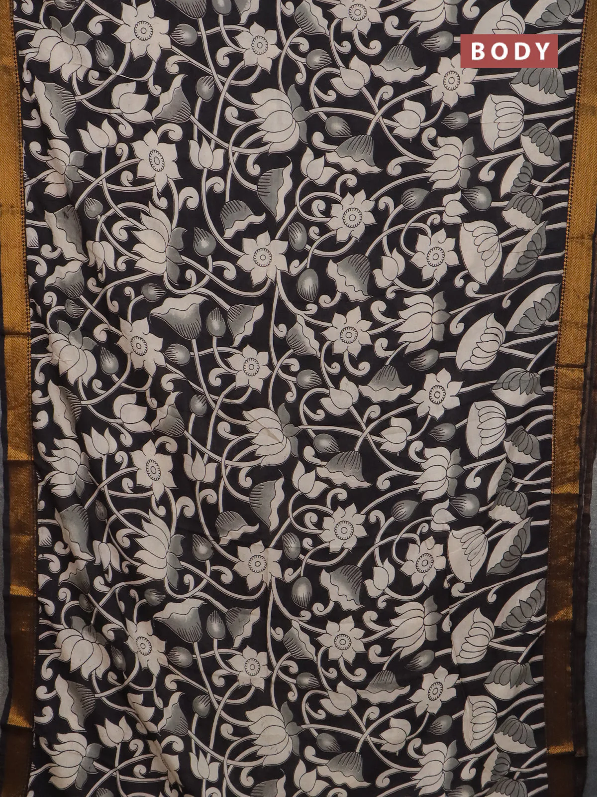 Kalamkari semi silk saree black with allover prints and mangalgiri border - Image 2