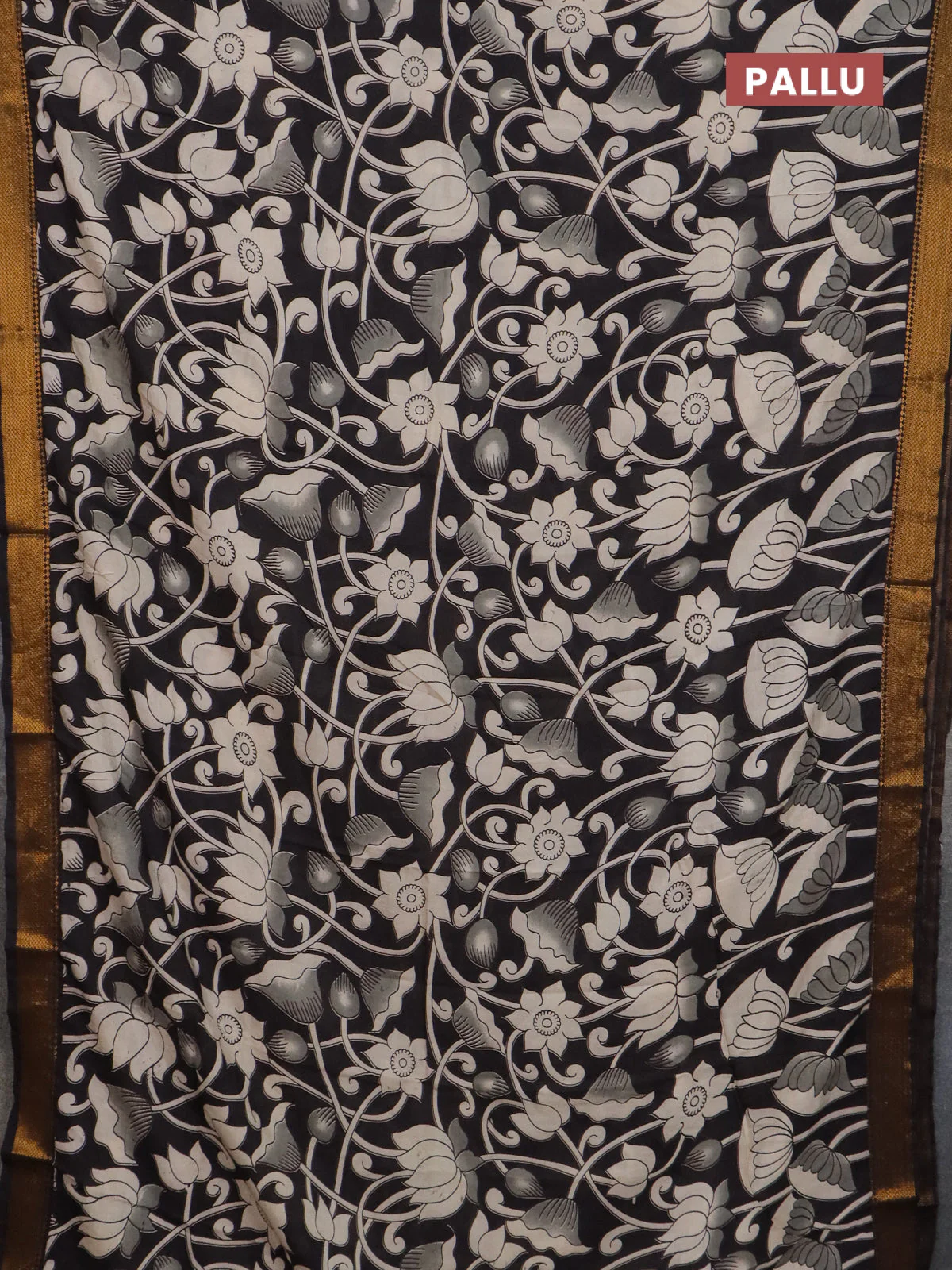 Kalamkari semi silk saree black with allover prints and mangalgiri border - Image 3