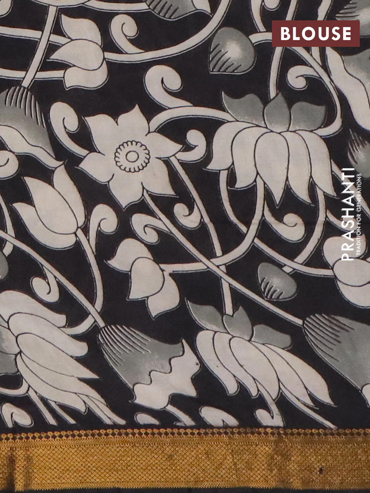 Kalamkari semi silk saree black with allover prints and mangalgiri border - Image 4