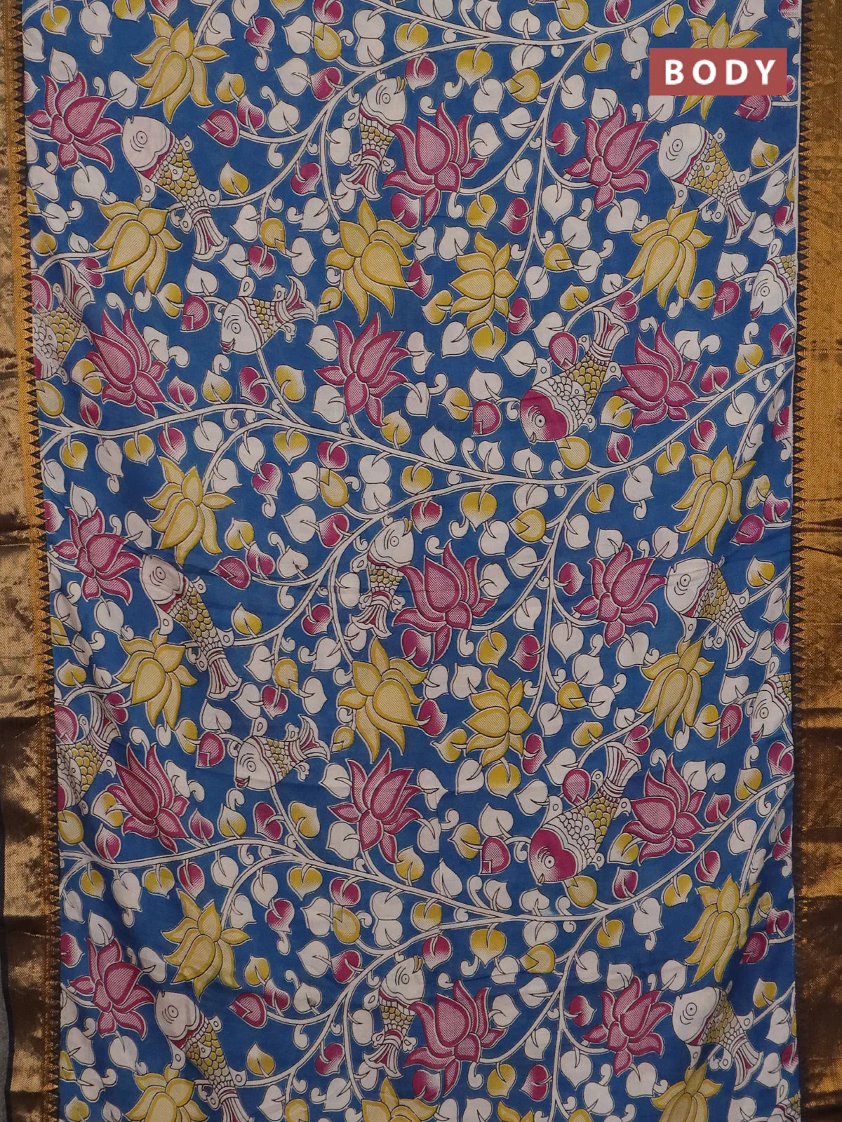 Kalamkari semi silk saree blue and black with allover prints and mangalgiri border - Image 2