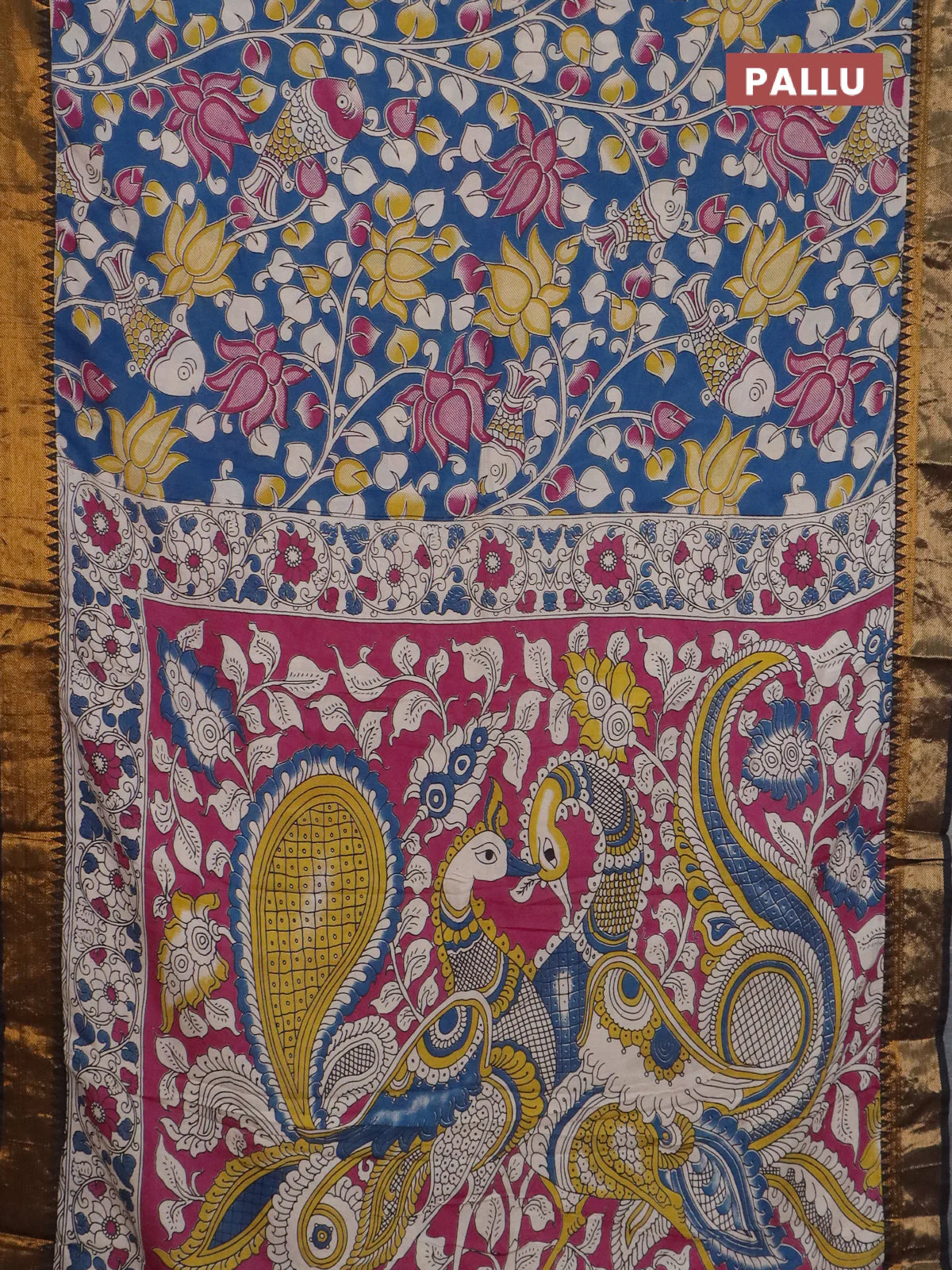 Kalamkari semi silk saree blue and black with allover prints and mangalgiri border - Image 3