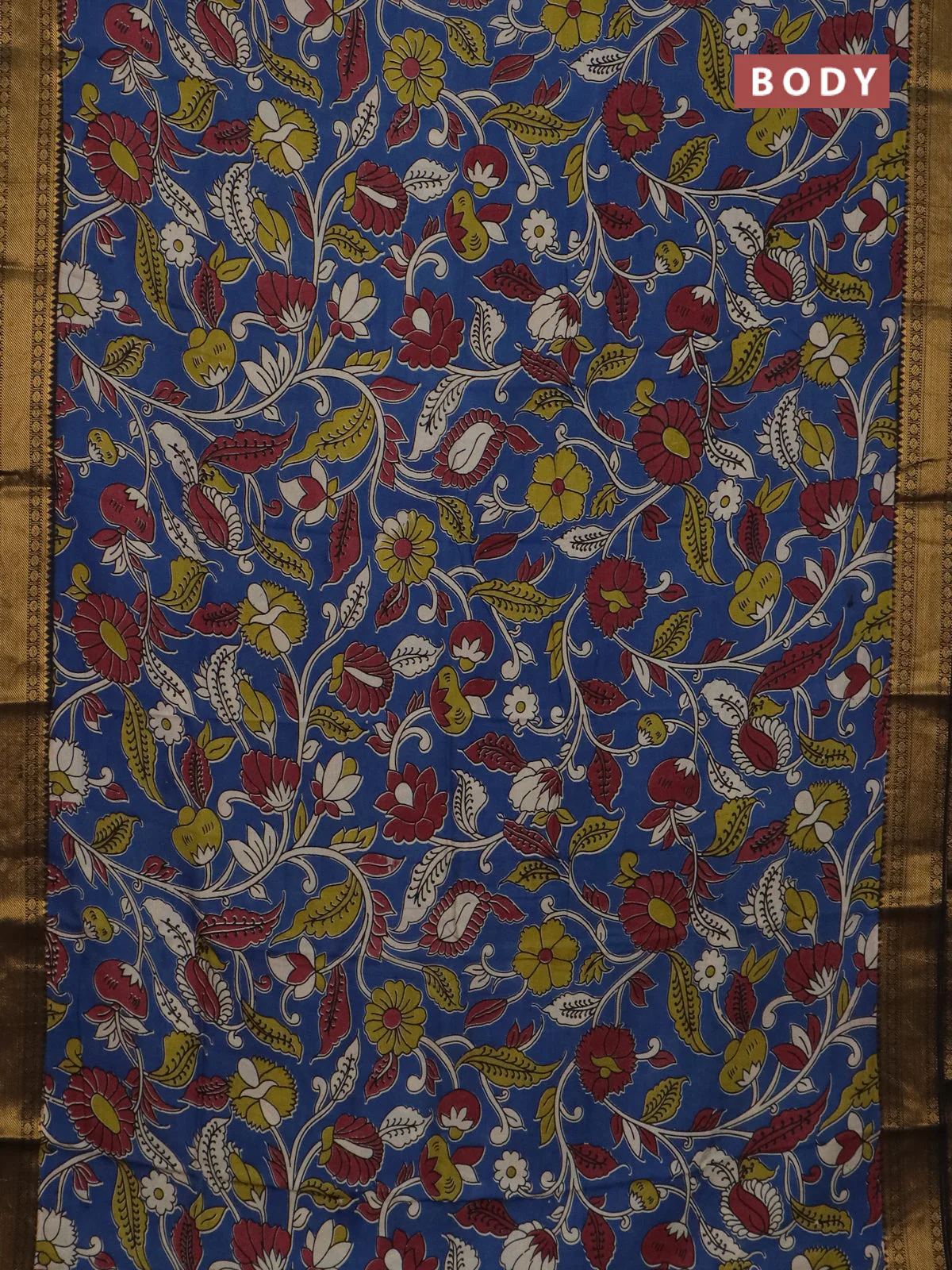 Kalamkari semi silk saree blue and black with allover prints and mangalgiri border - Image 2