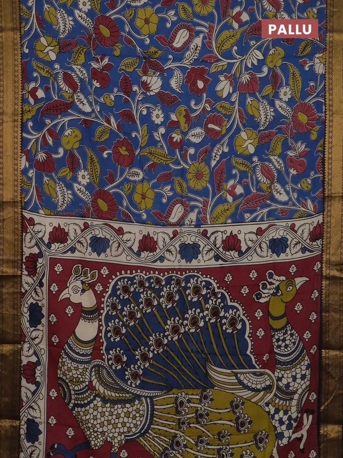 Kalamkari semi silk saree blue and black with allover prints and mangalgiri border - Image 3
