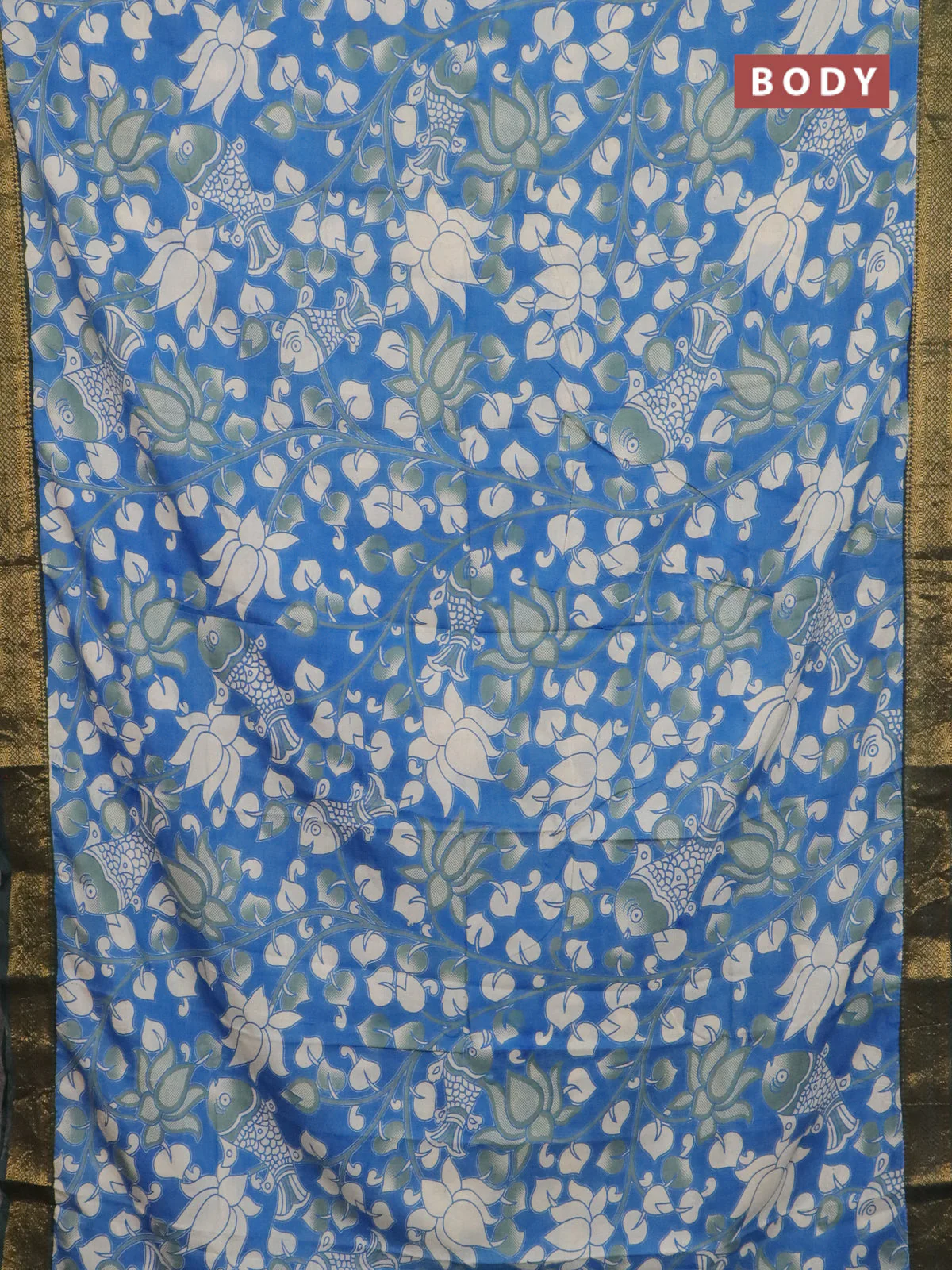 Kalamkari semi silk saree blue and bottle green with allover prints and mangalgiri border - Image 2