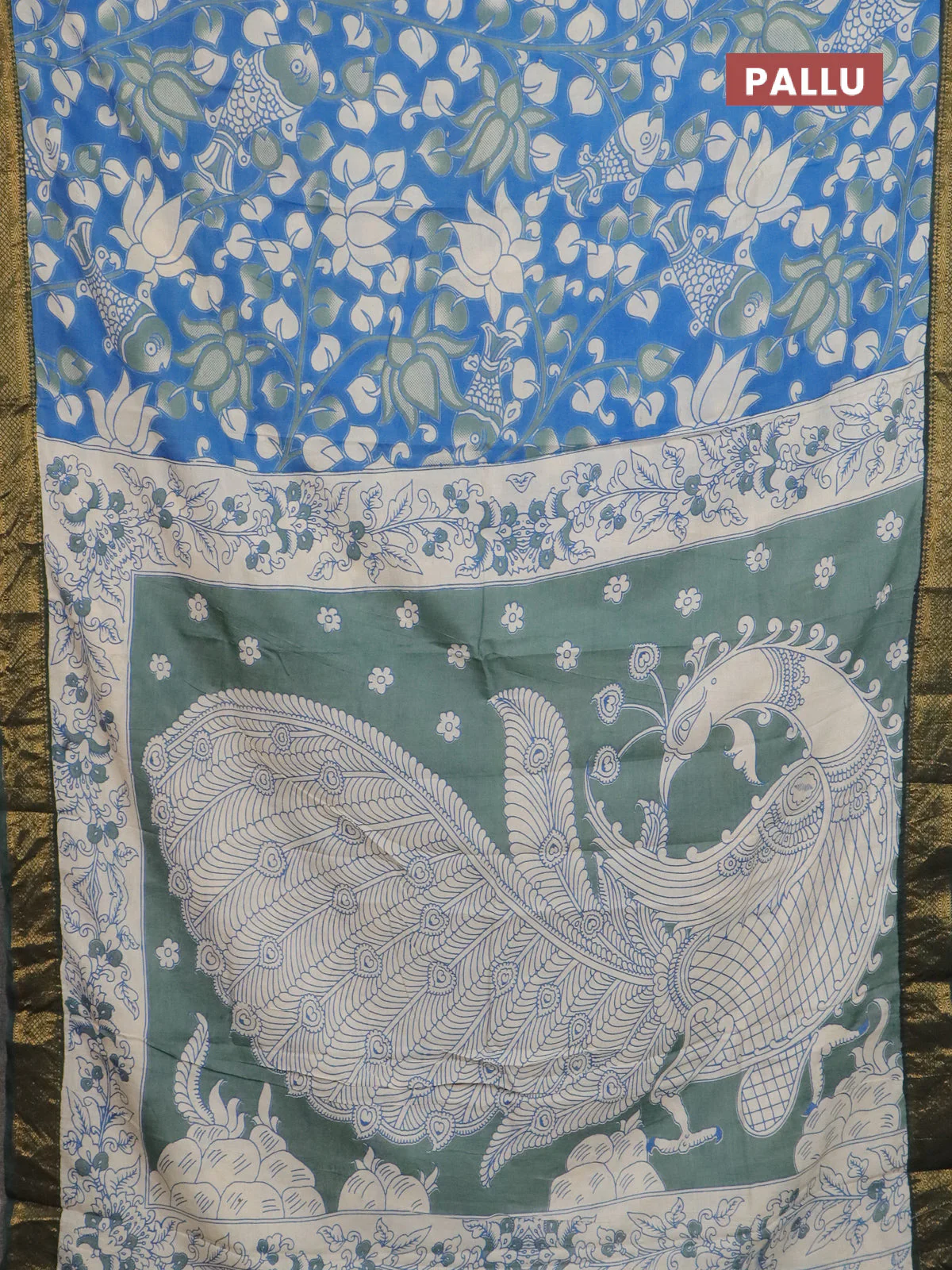 Kalamkari semi silk saree blue and bottle green with allover prints and mangalgiri border - Image 3