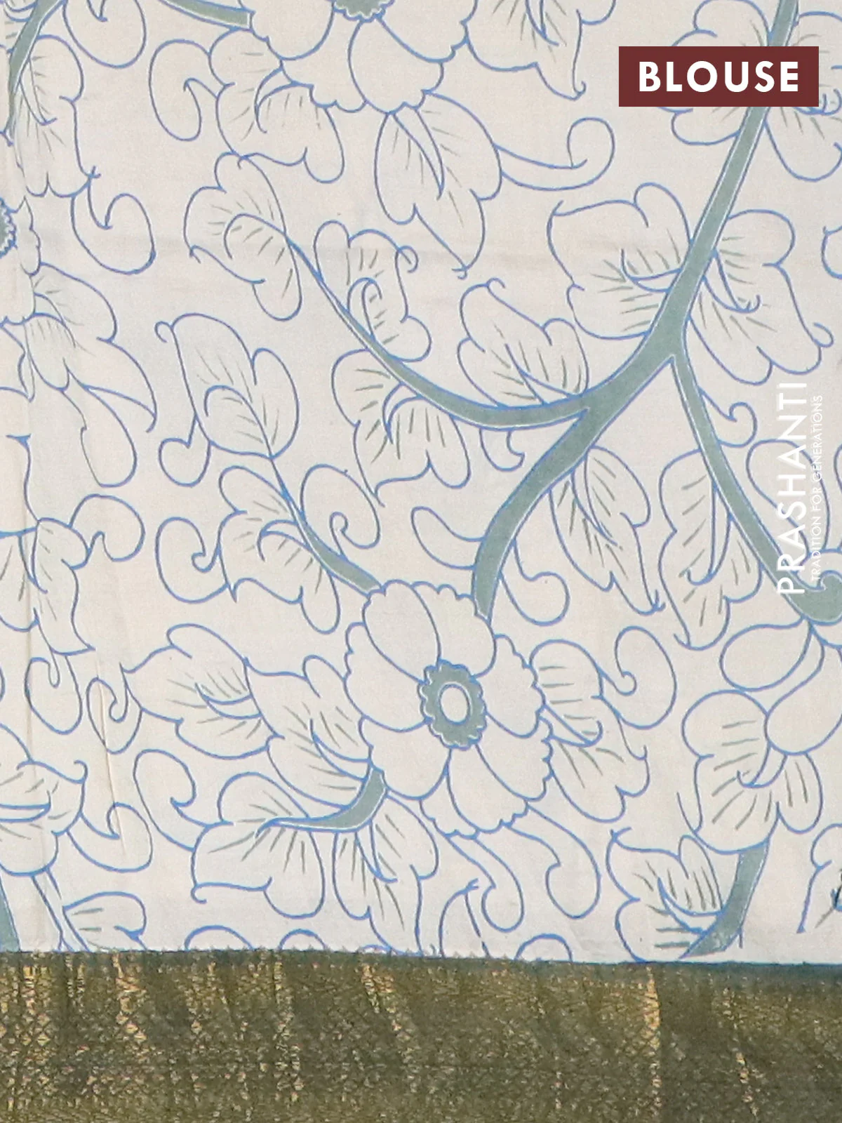 Kalamkari semi silk saree blue and bottle green with allover prints and mangalgiri border - Image 4