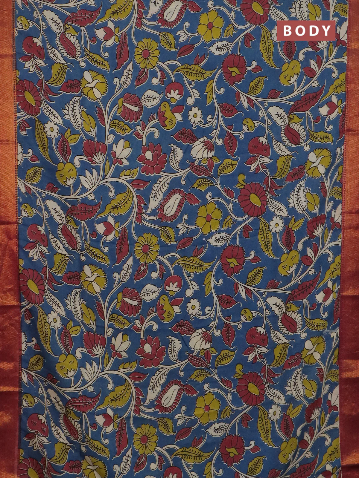 Kalamkari semi silk saree blue and dark magenta with allover prints and mangalgiri border - Image 2