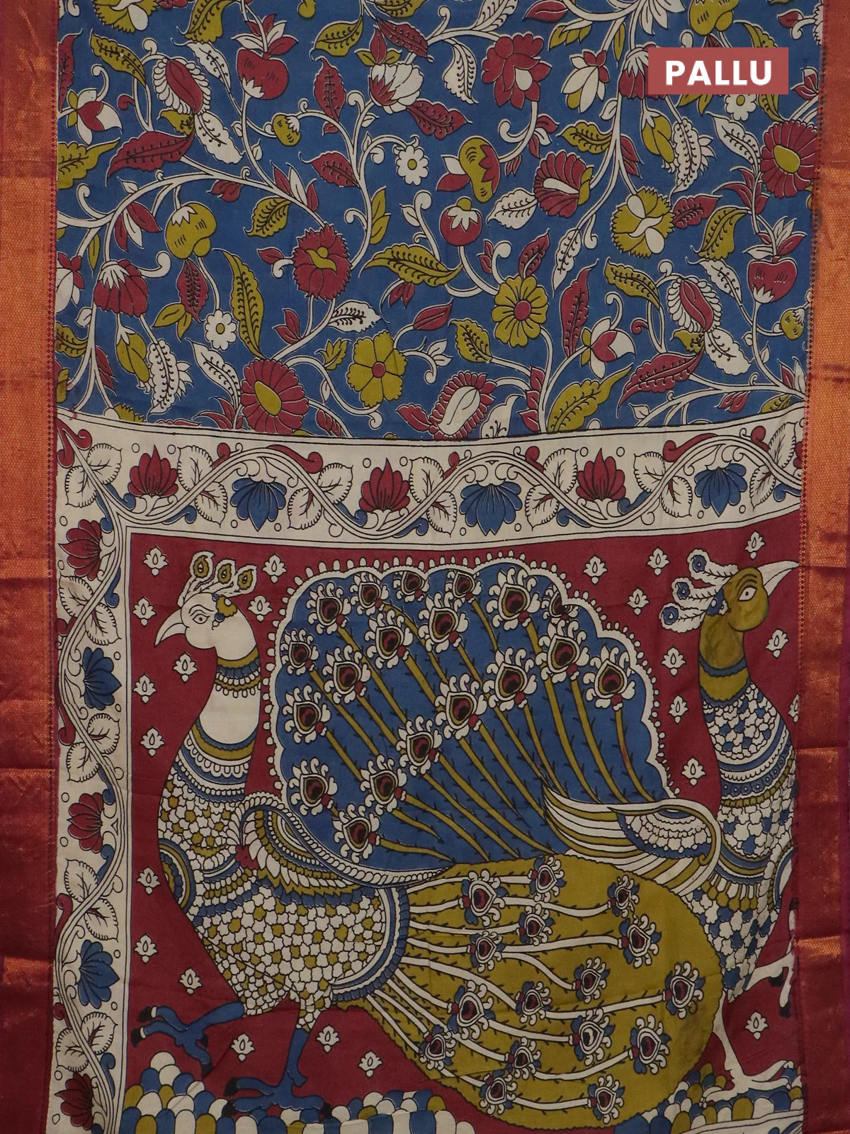 Kalamkari semi silk saree blue and dark magenta with allover prints and mangalgiri border - Image 3