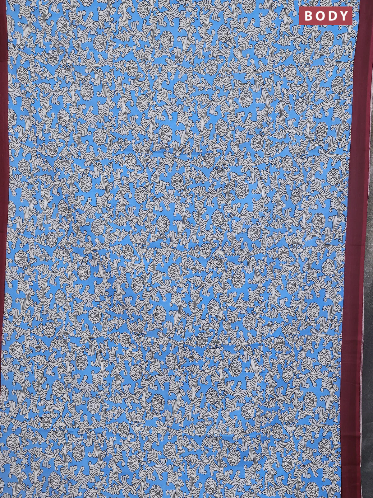 Kalamkari semi silk saree blue and maroon with allover prints and simple border - Image 2
