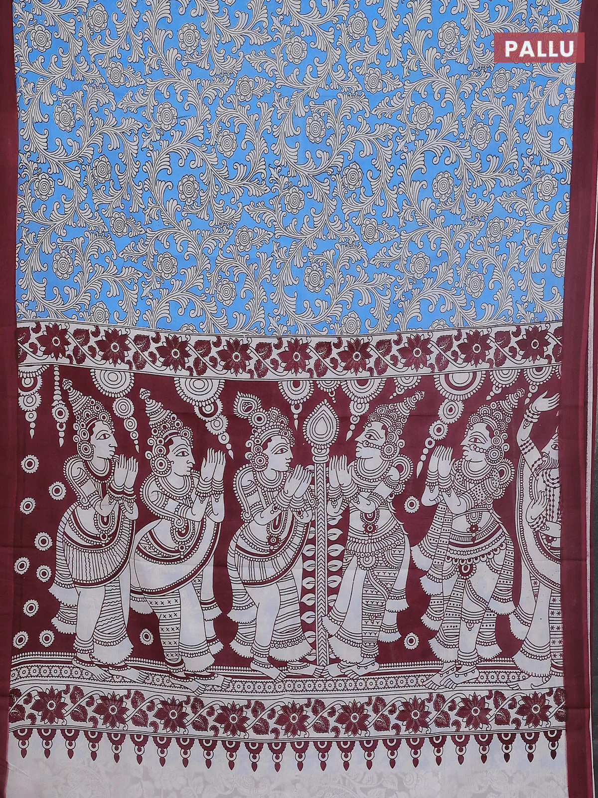 Kalamkari semi silk saree blue and maroon with allover prints and simple border - Image 3