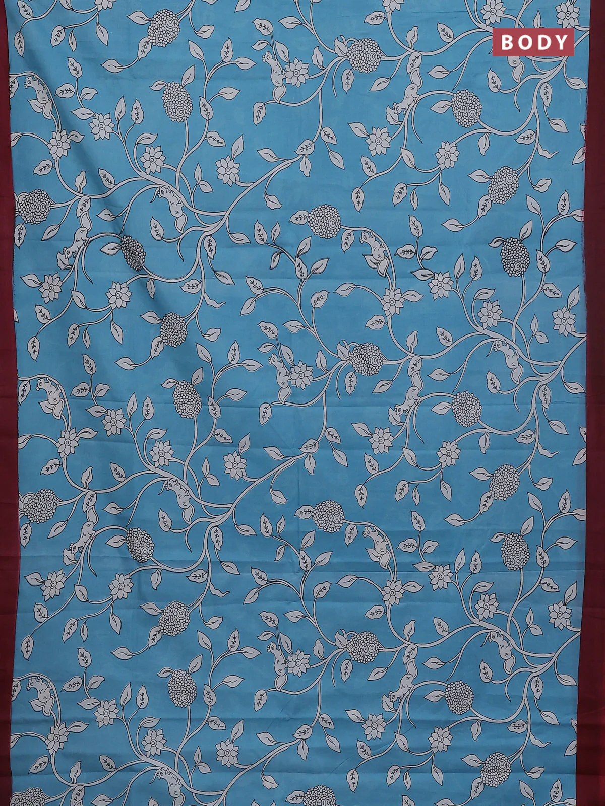 Kalamkari semi silk saree blue and maroon with allover prints and simple border - Image 2