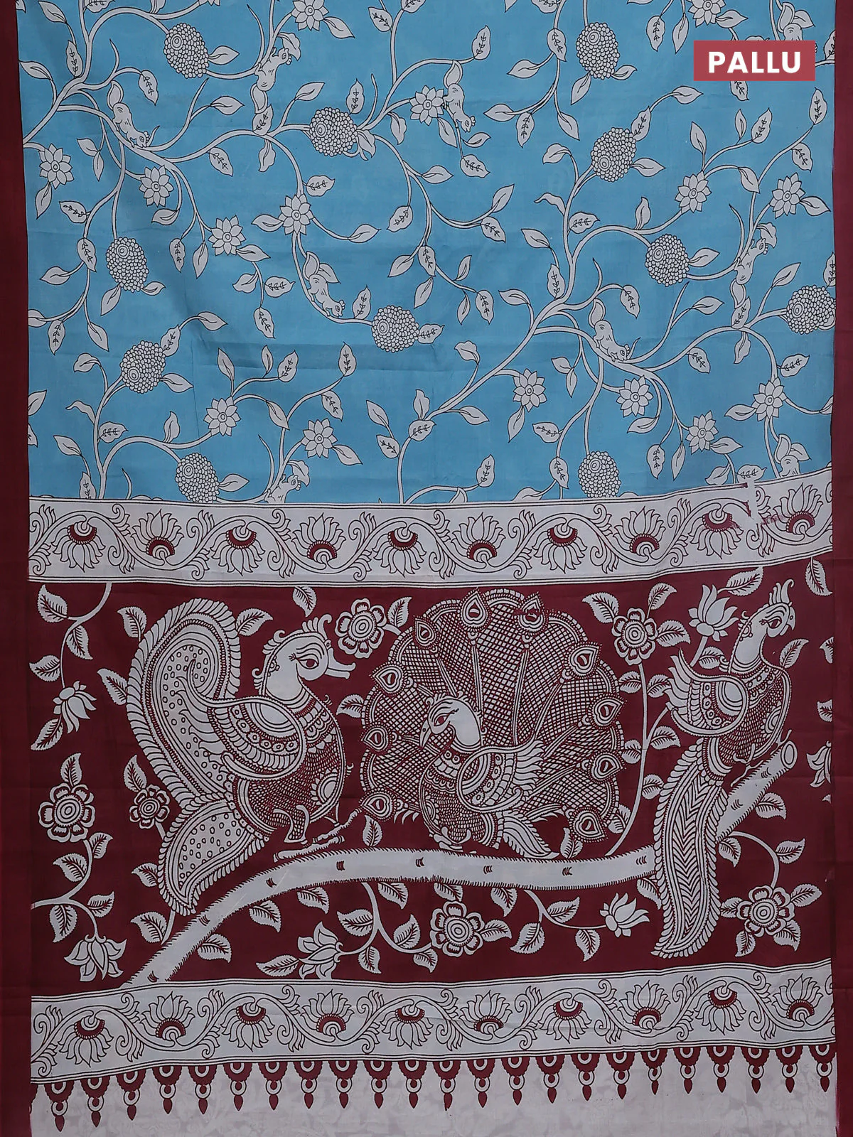 Kalamkari semi silk saree blue and maroon with allover prints and simple border - Image 3