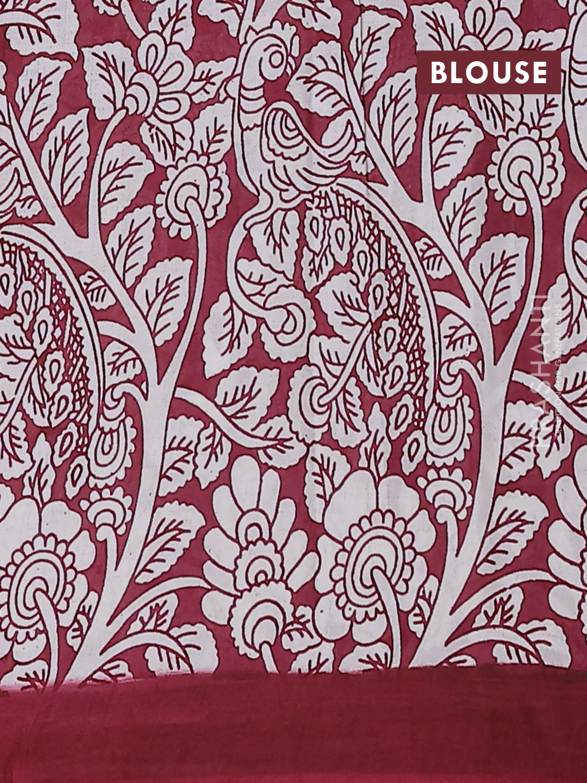 Kalamkari semi silk saree blue and maroon with allover prints and simple border - Image 4