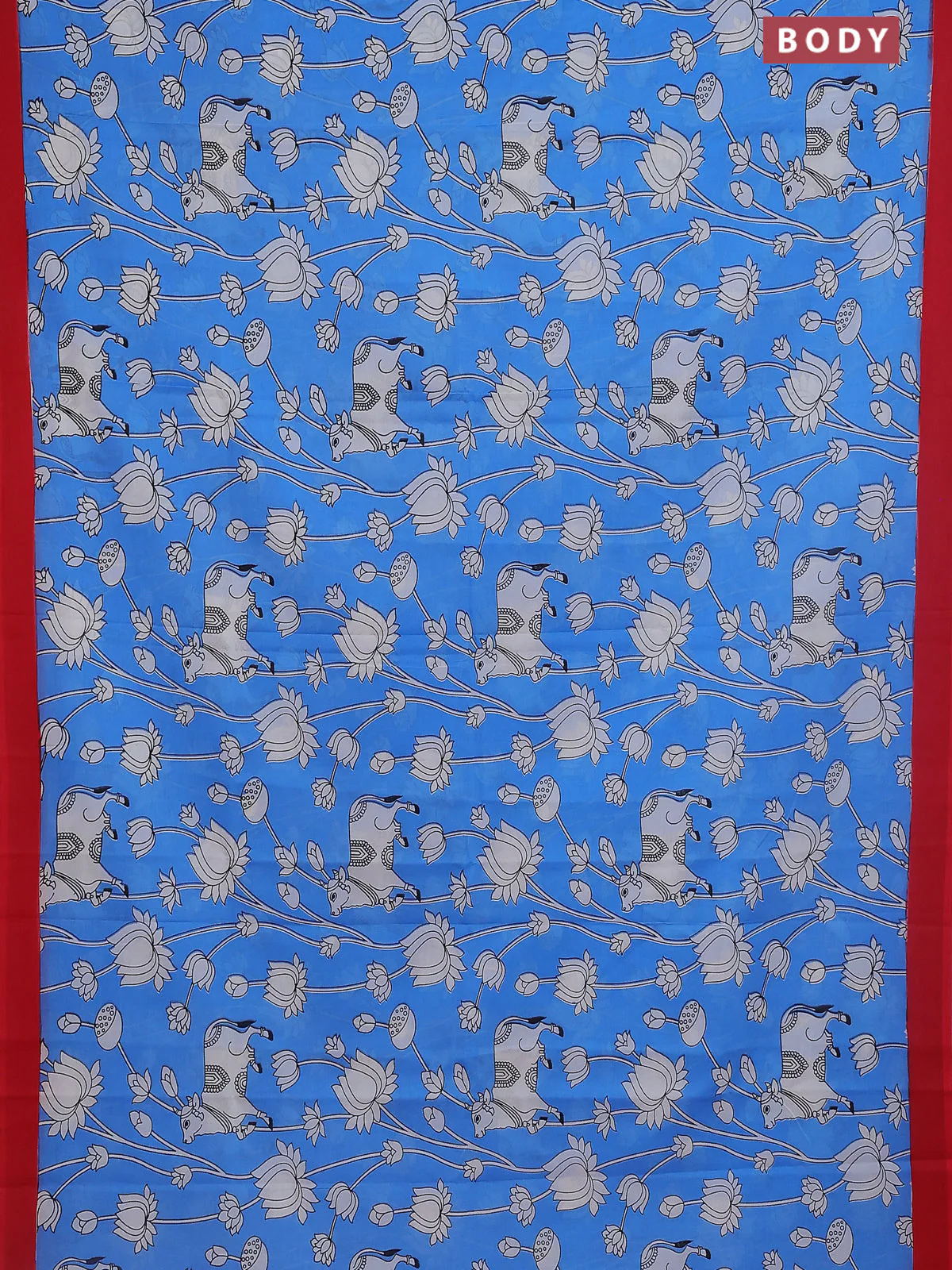 Kalamkari semi silk saree blue and red with allover pichwai prints and simple border - Image 2