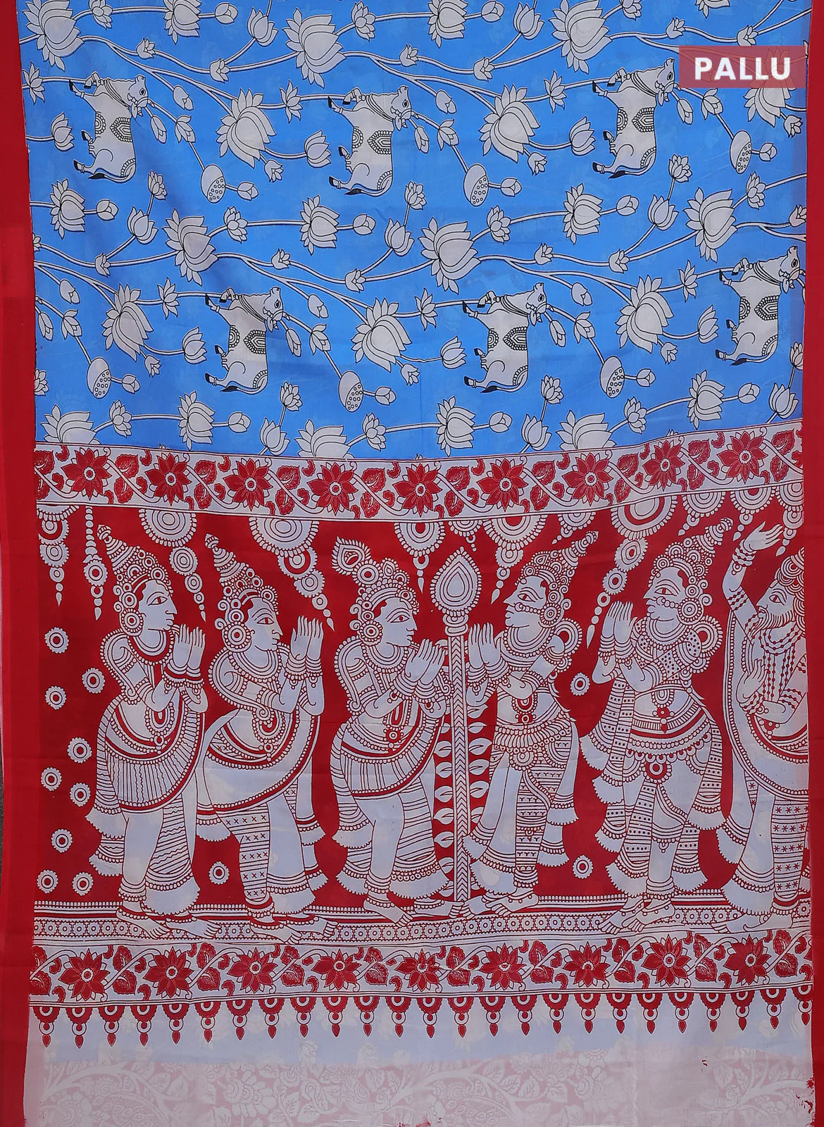 Kalamkari semi silk saree blue and red with allover pichwai prints and simple border - Image 3