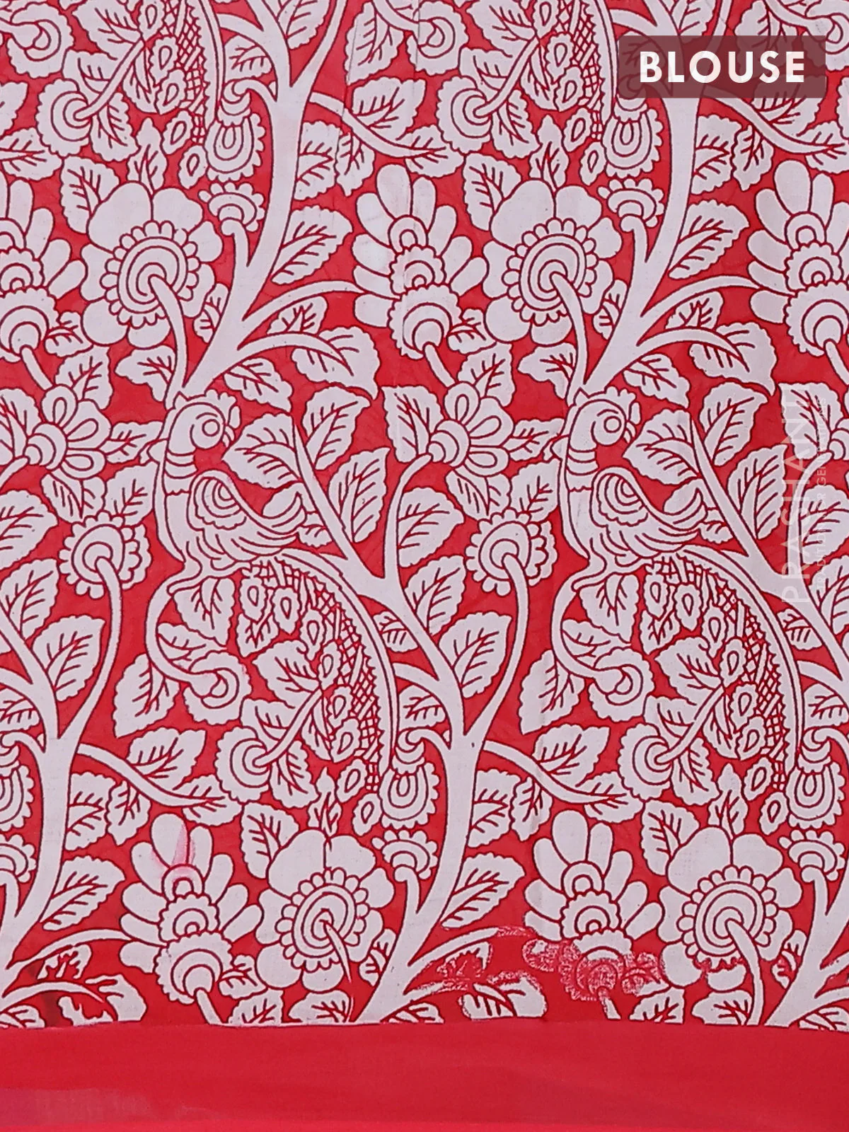 Kalamkari semi silk saree blue and red with allover pichwai prints and simple border - Image 4