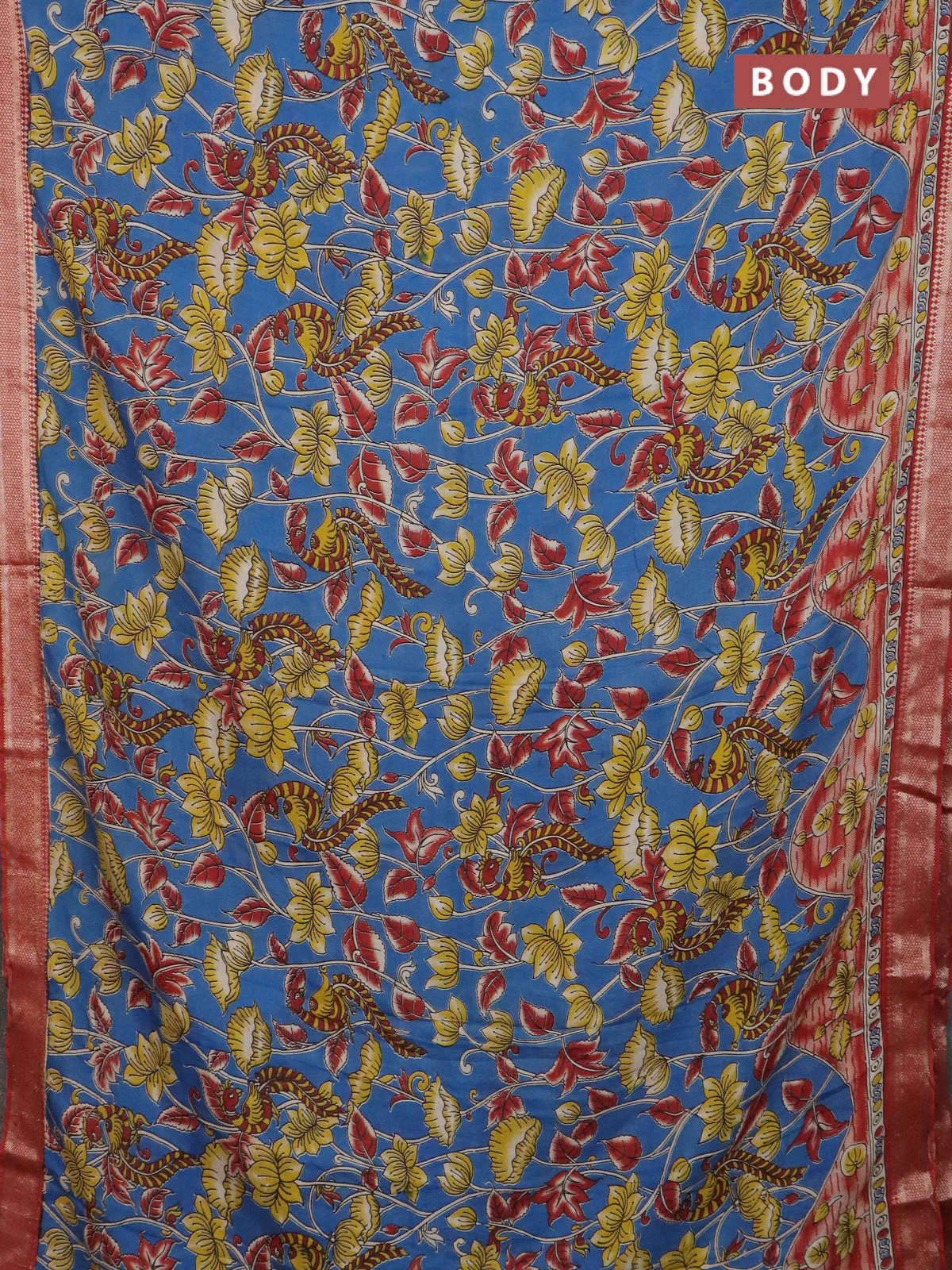 Kalamkari semi silk saree blue and rust shade with allover prints and mangalgiri border - Image 2