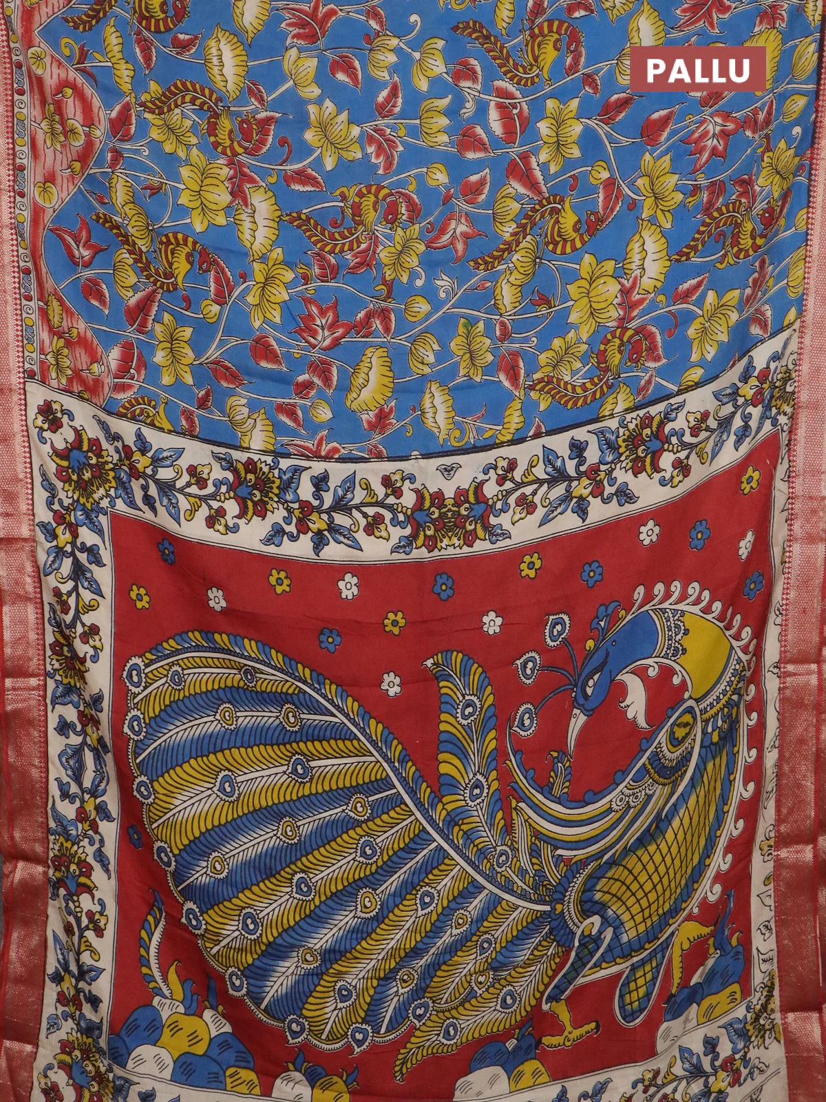 Kalamkari semi silk saree blue and rust shade with allover prints and mangalgiri border - Image 3