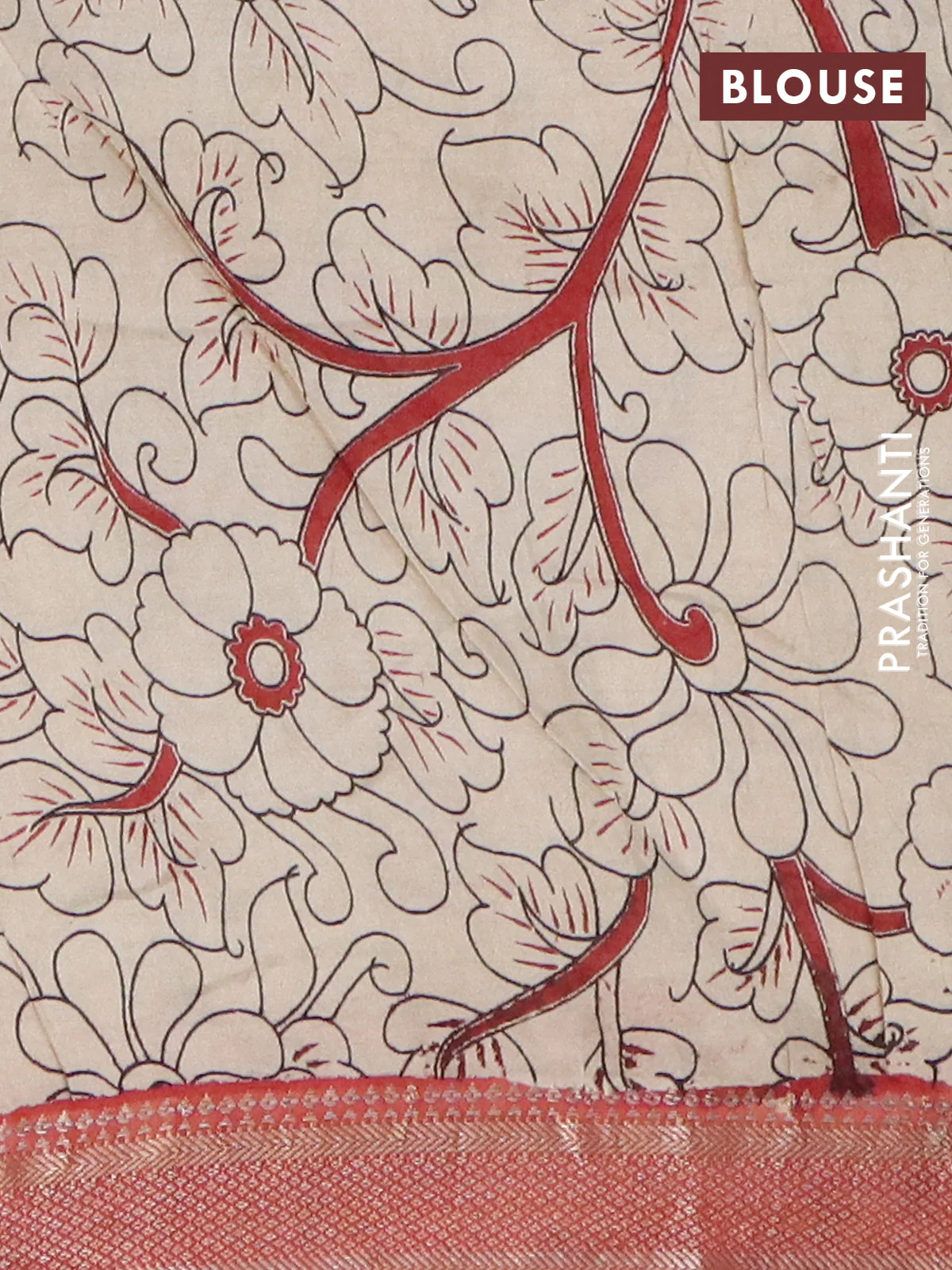 Kalamkari semi silk saree blue and rust shade with allover prints and mangalgiri border - Image 4